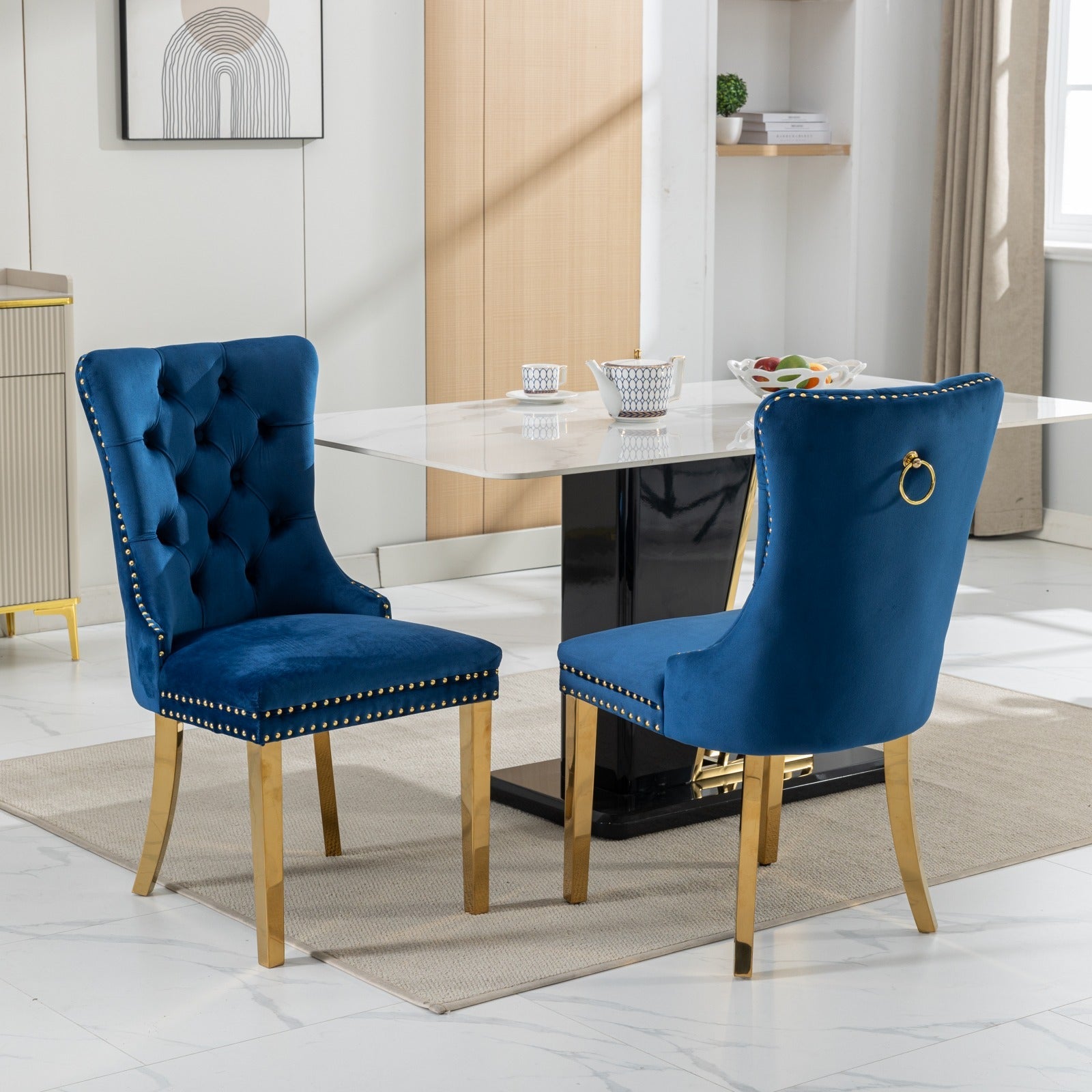 Rosewick Modern Tufted Velvet Solid Wood Upholstered Dining Chair with Gold Stainless Steel Plating Legs, Set of 2
