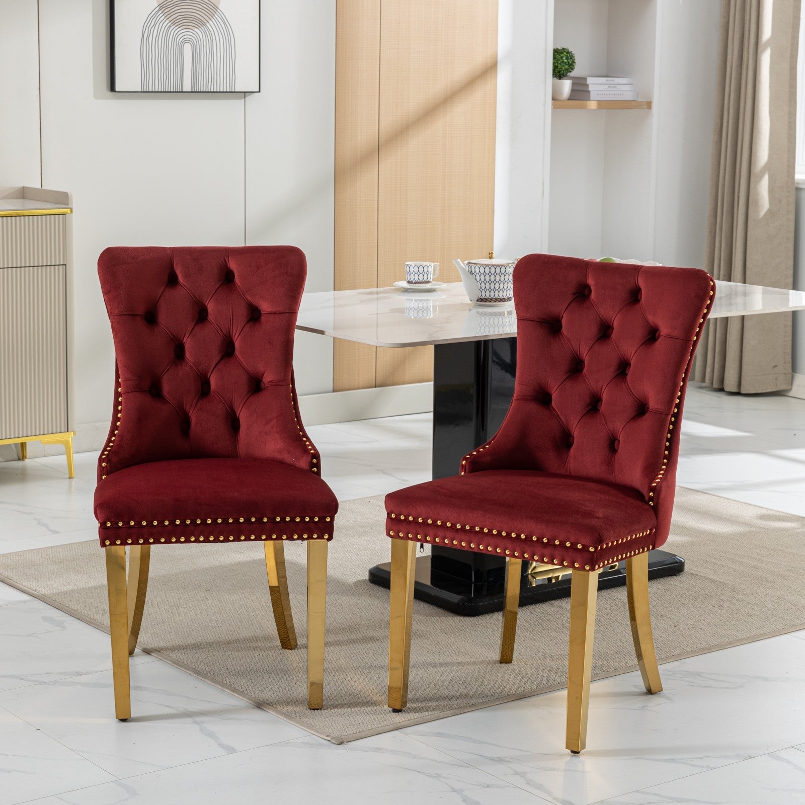 Rosewick Modern Tufted Velvet Solid Wood Upholstered Dining Chair with Gold Stainless Steel Plating Legs, Set of 2
