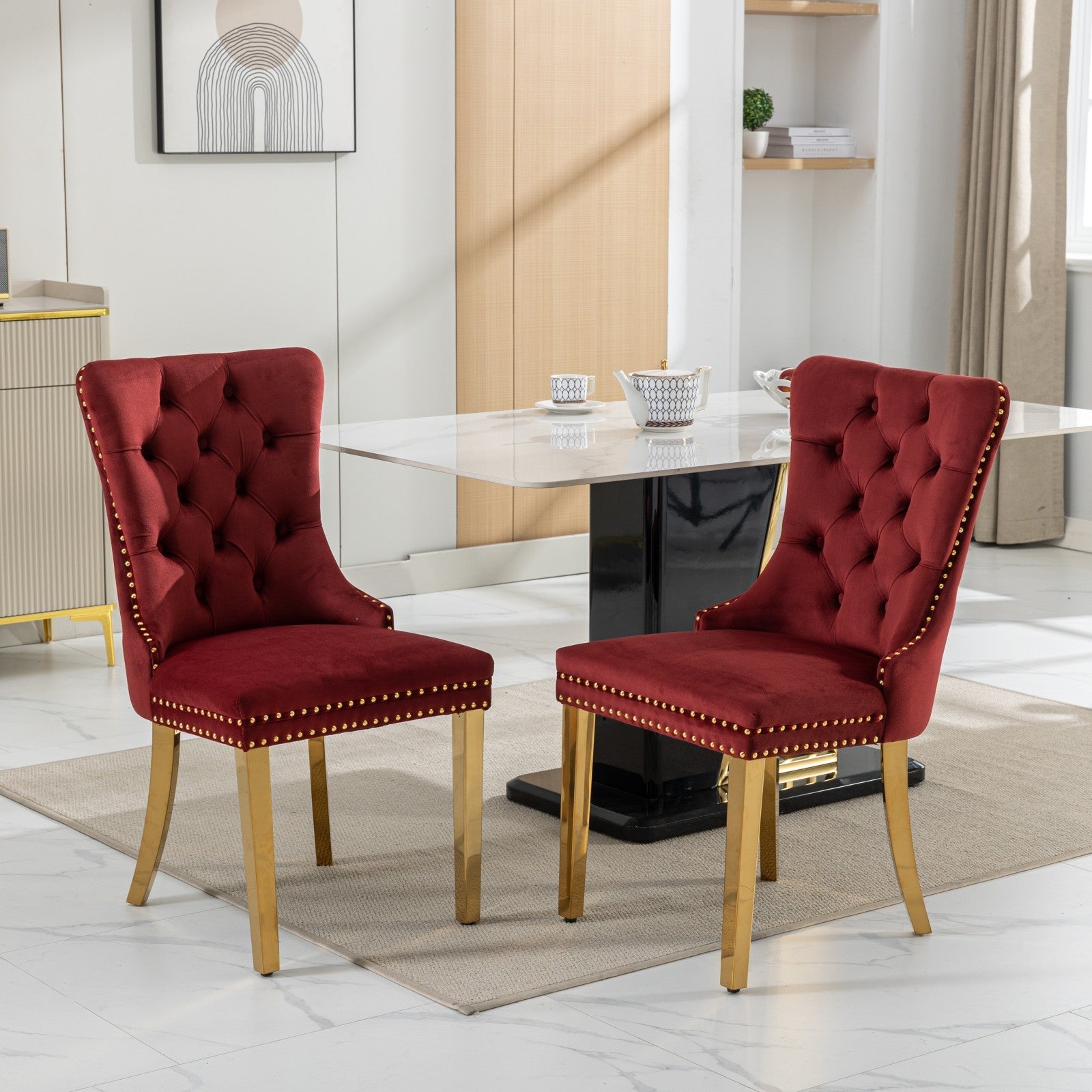 Rosewick Modern Tufted Velvet Solid Wood Upholstered Dining Chair with Gold Stainless Steel Plating Legs, Set of 2