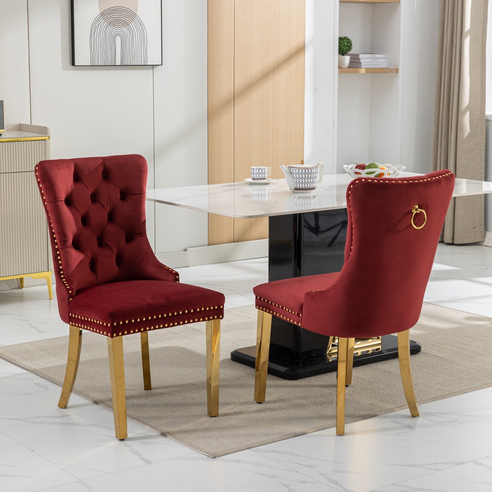 Rosewick Modern Tufted Velvet Solid Wood Upholstered Dining Chair with Gold Stainless Steel Plating Legs, Set of 2