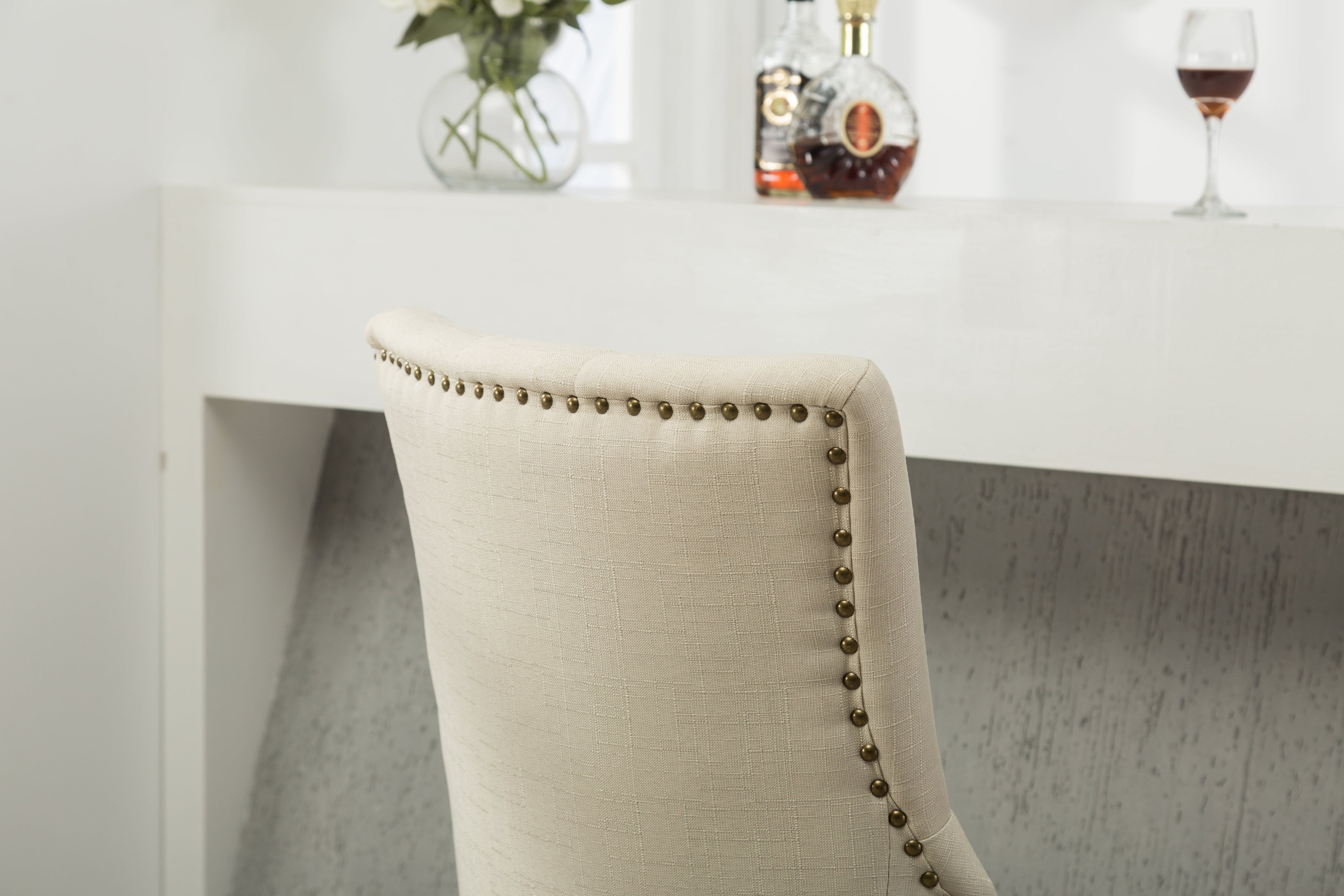 Tan Button Tufted Solid Wood Wingback Hostess Chairs, Set of 2