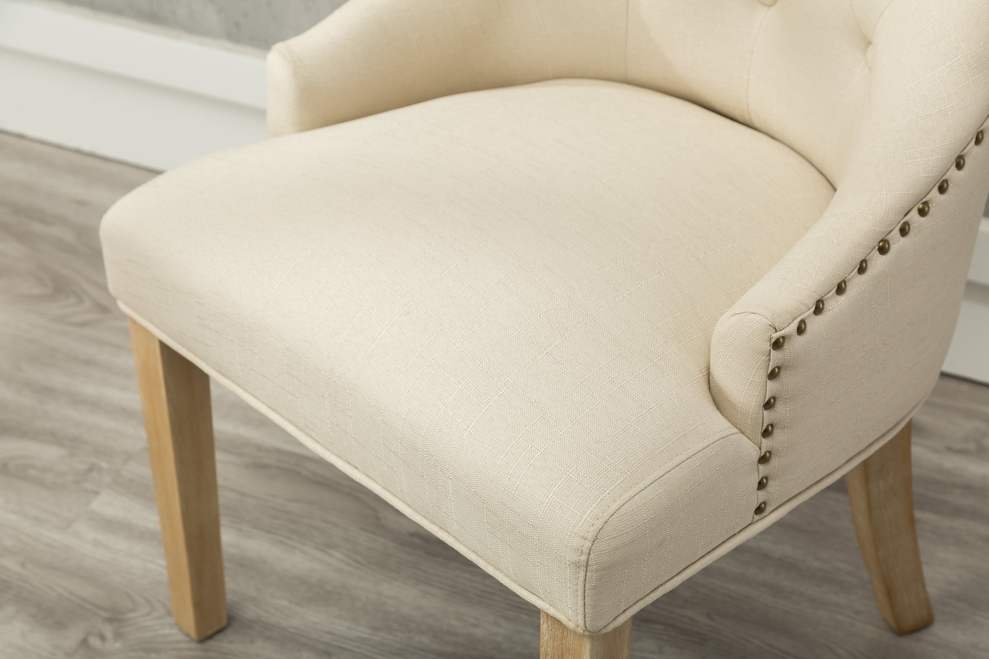 Tan Button Tufted Solid Wood Wingback Hostess Chairs, Set of 2