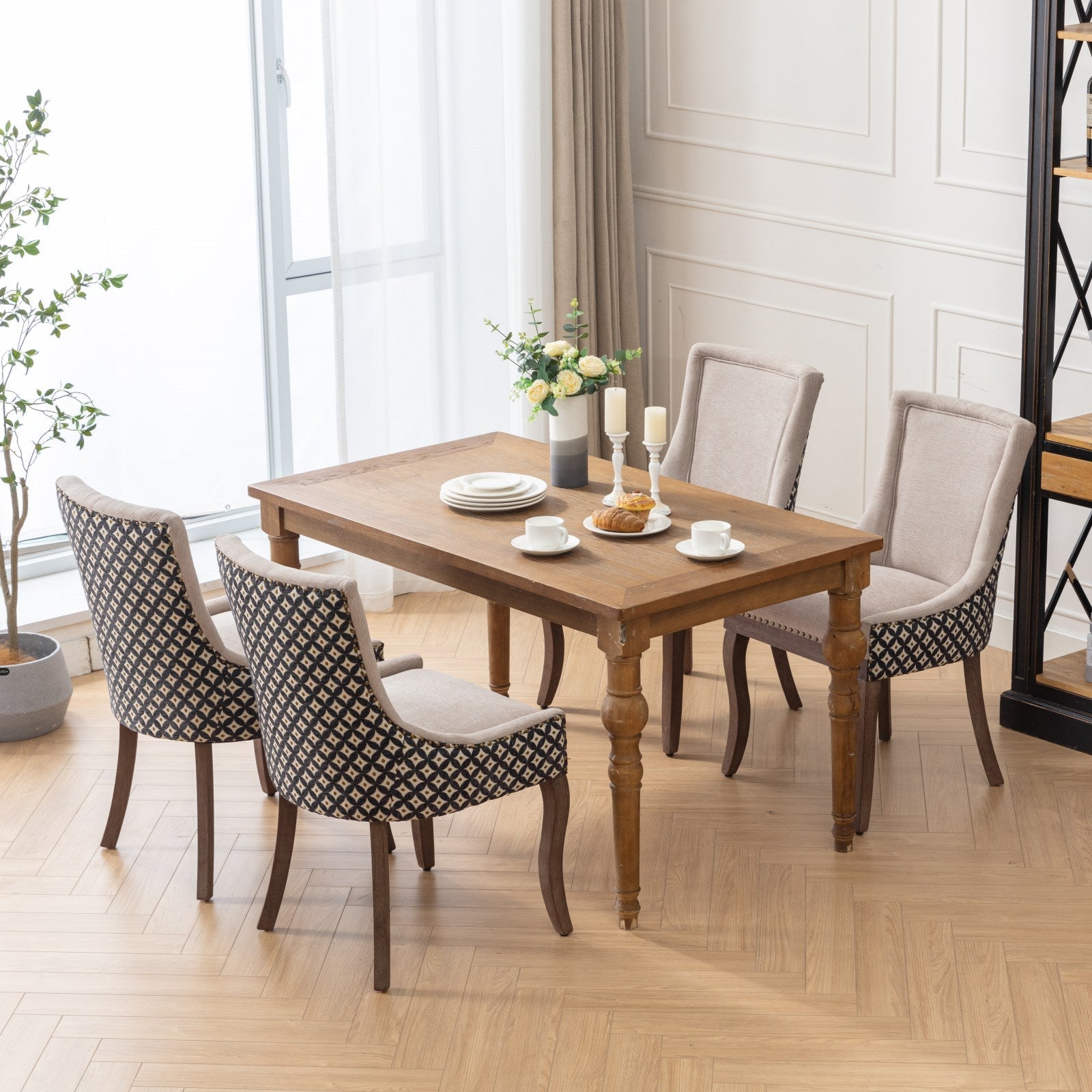 Square Patterned Back Upholstered Dining Chair with Bronze Nailhead Trim, Set of 2