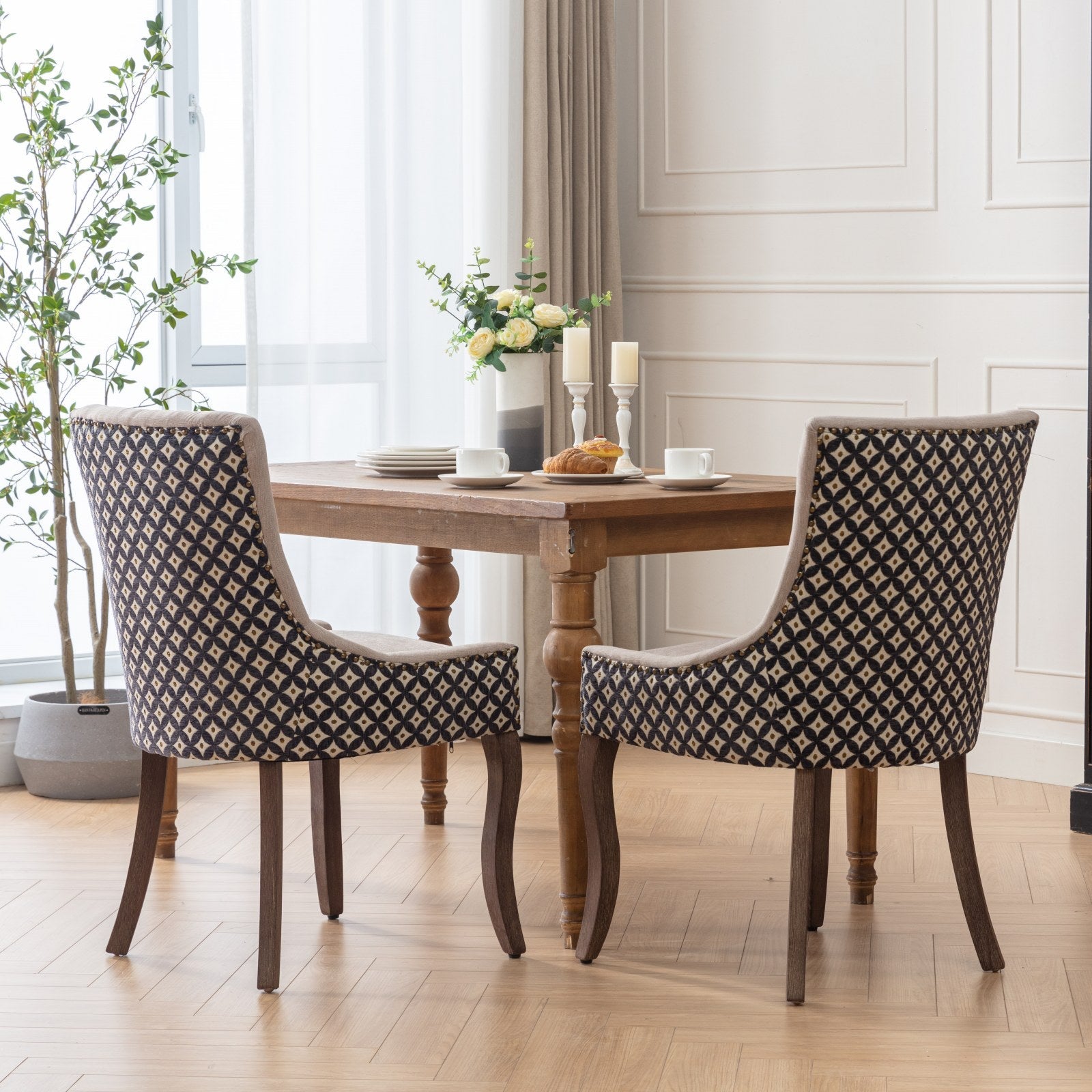 Square Patterned Back Upholstered Dining Chair with Bronze Nailhead Trim, Set of 2