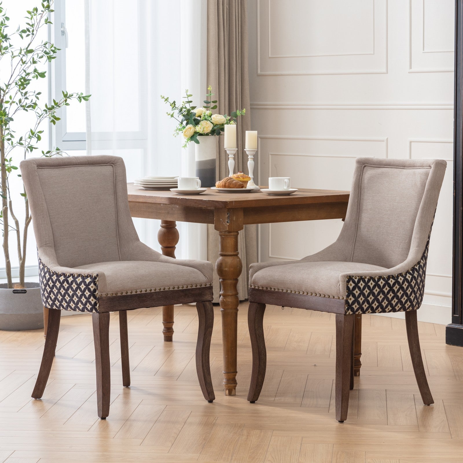 Square Patterned Back Upholstered Dining Chair with Bronze Nailhead Trim, Set of 2