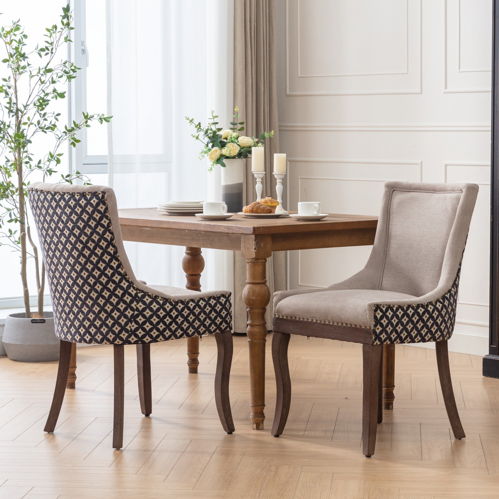 Square Patterned Back Upholstered Dining Chair with Bronze Nailhead Trim, Set of 2