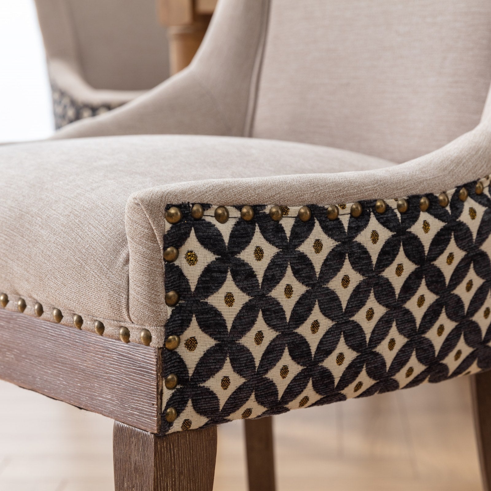 Square Patterned Back Upholstered Dining Chair with Bronze Nailhead Trim, Set of 2