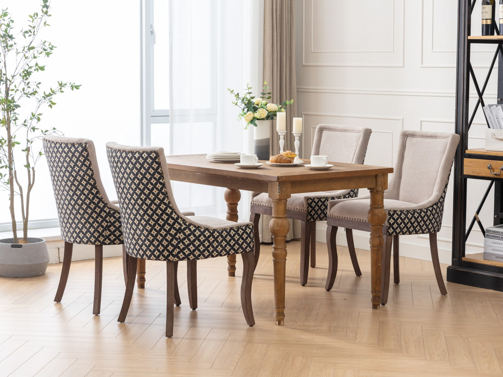 Square Patterned Back Upholstered Dining Chair with Bronze Nailhead Trim, Set of 2