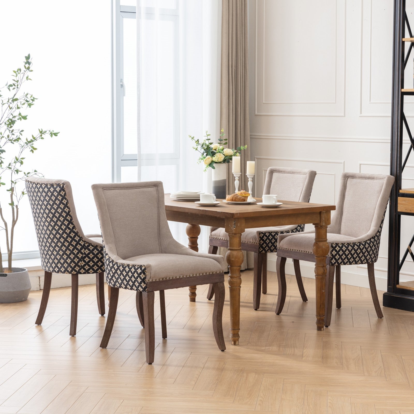 Square Patterned Back Upholstered Dining Chair with Bronze Nailhead Trim, Set of 2
