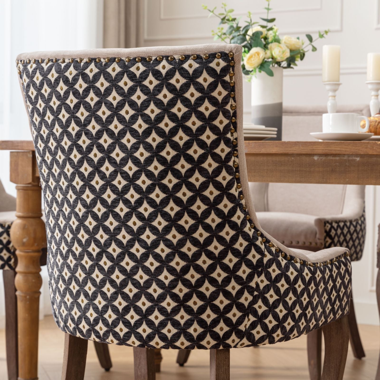 Square Patterned Back Upholstered Dining Chair with Bronze Nailhead Trim, Set of 2