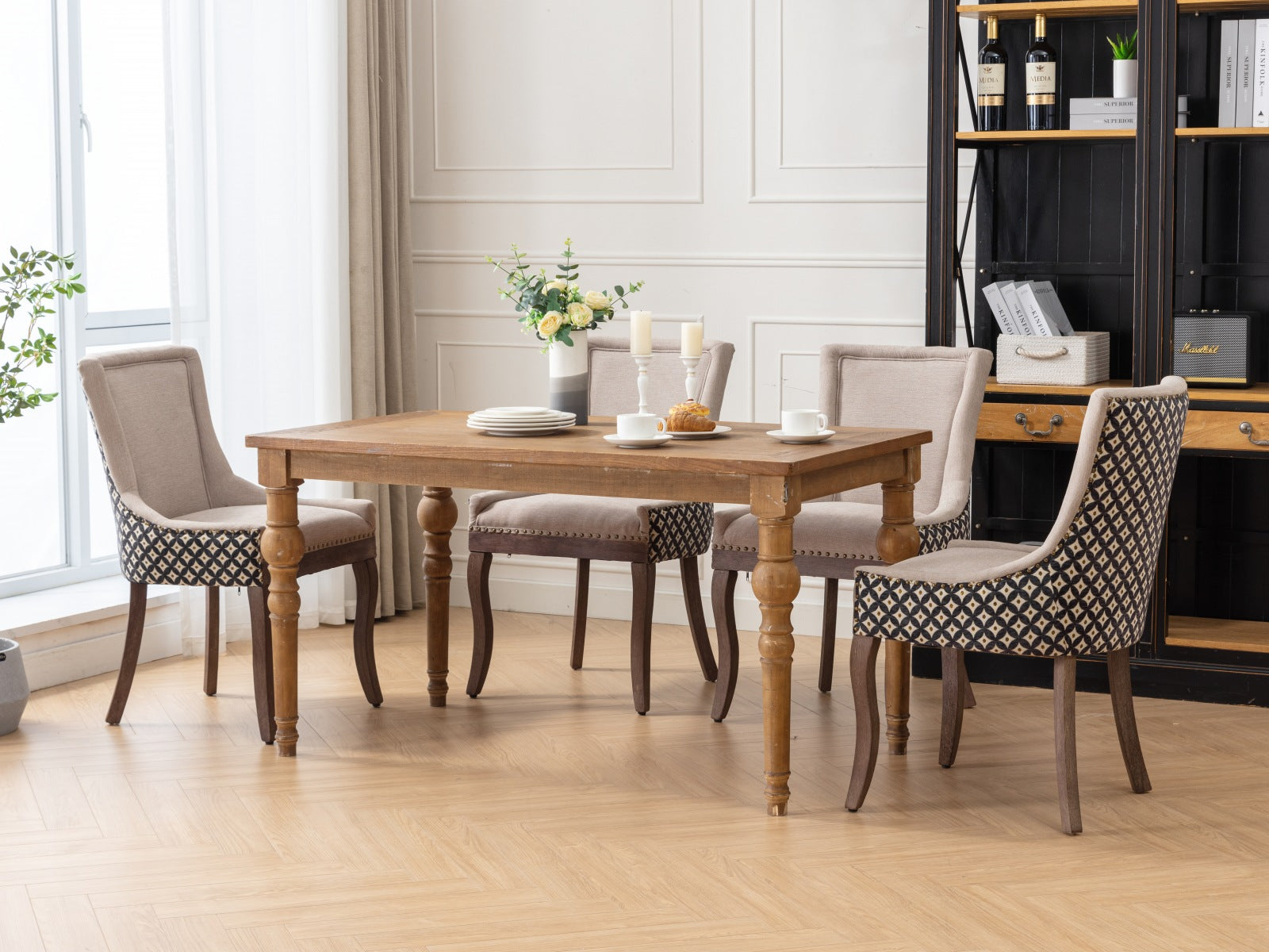Square Patterned Back Upholstered Dining Chair with Bronze Nailhead Trim, Set of 2