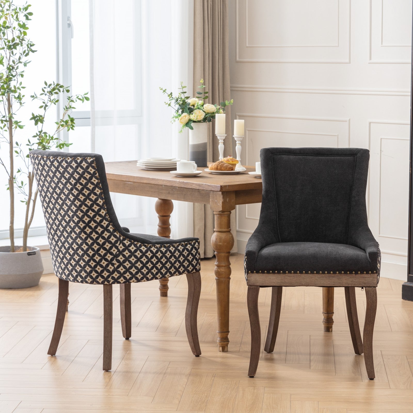 Square Patterned Back Upholstered Dining Chair with Bronze Nailhead Trim, Set of 2