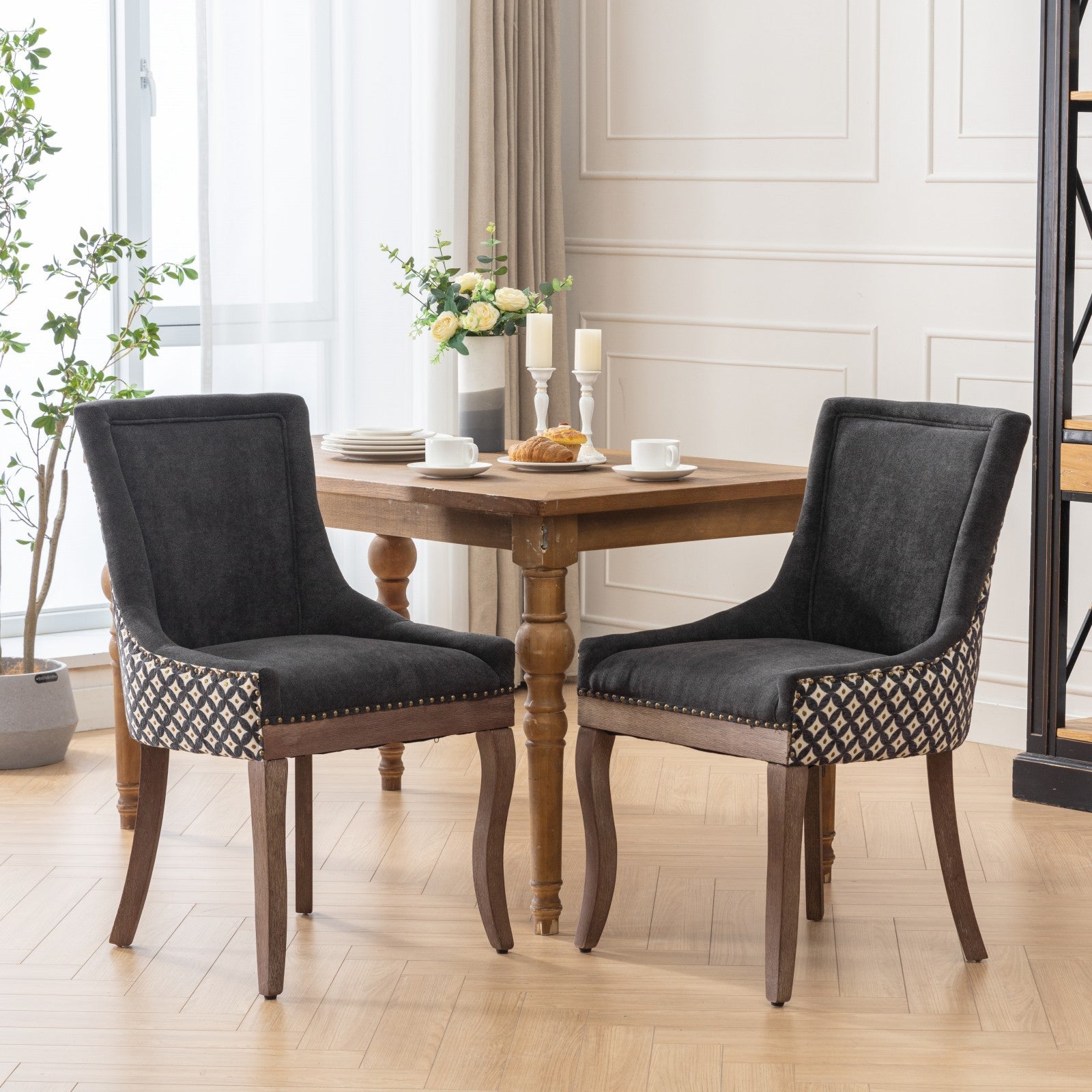 Square Patterned Back Upholstered Dining Chair with Bronze Nailhead Trim, Set of 2
