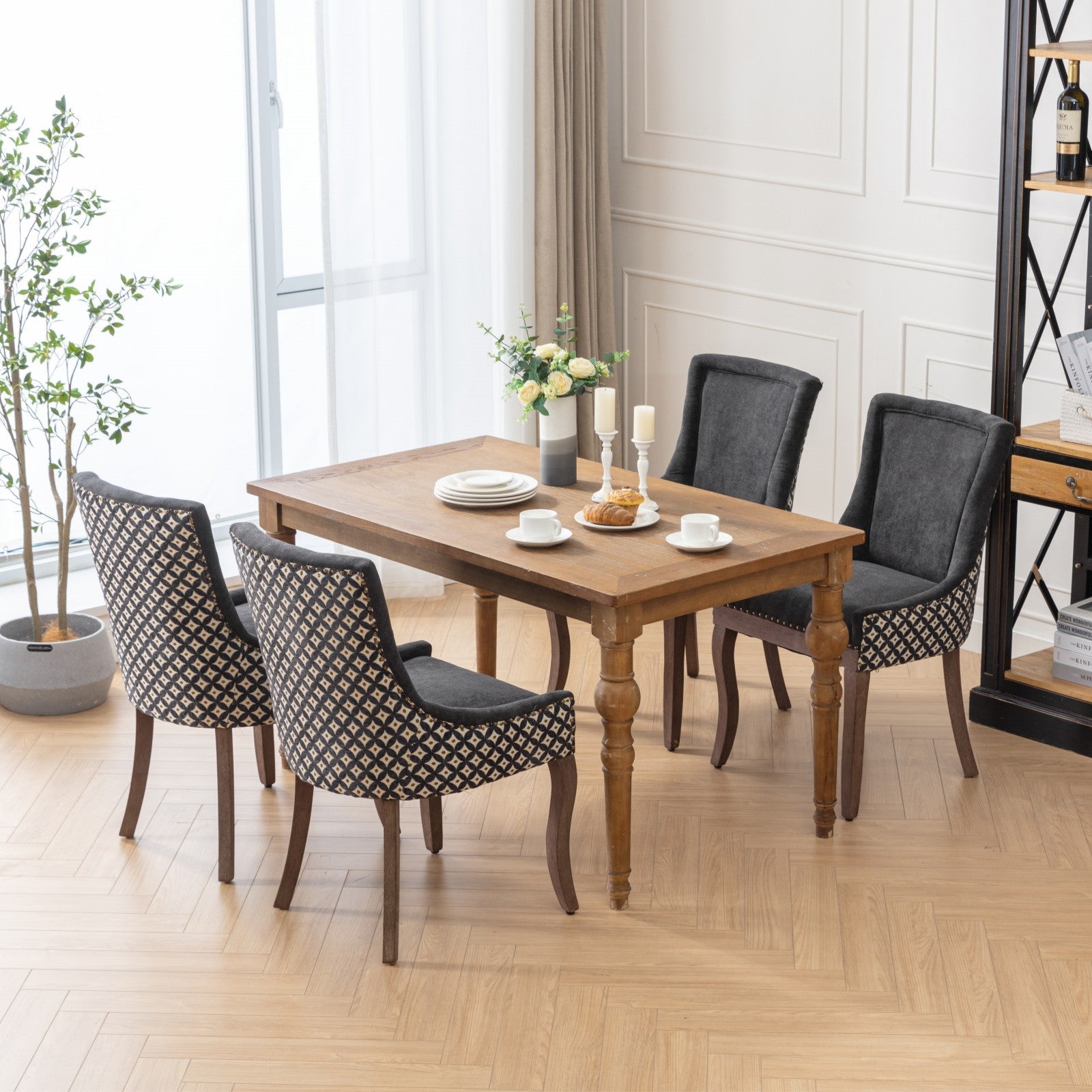 Square Patterned Back Upholstered Dining Chair with Bronze Nailhead Trim, Set of 2