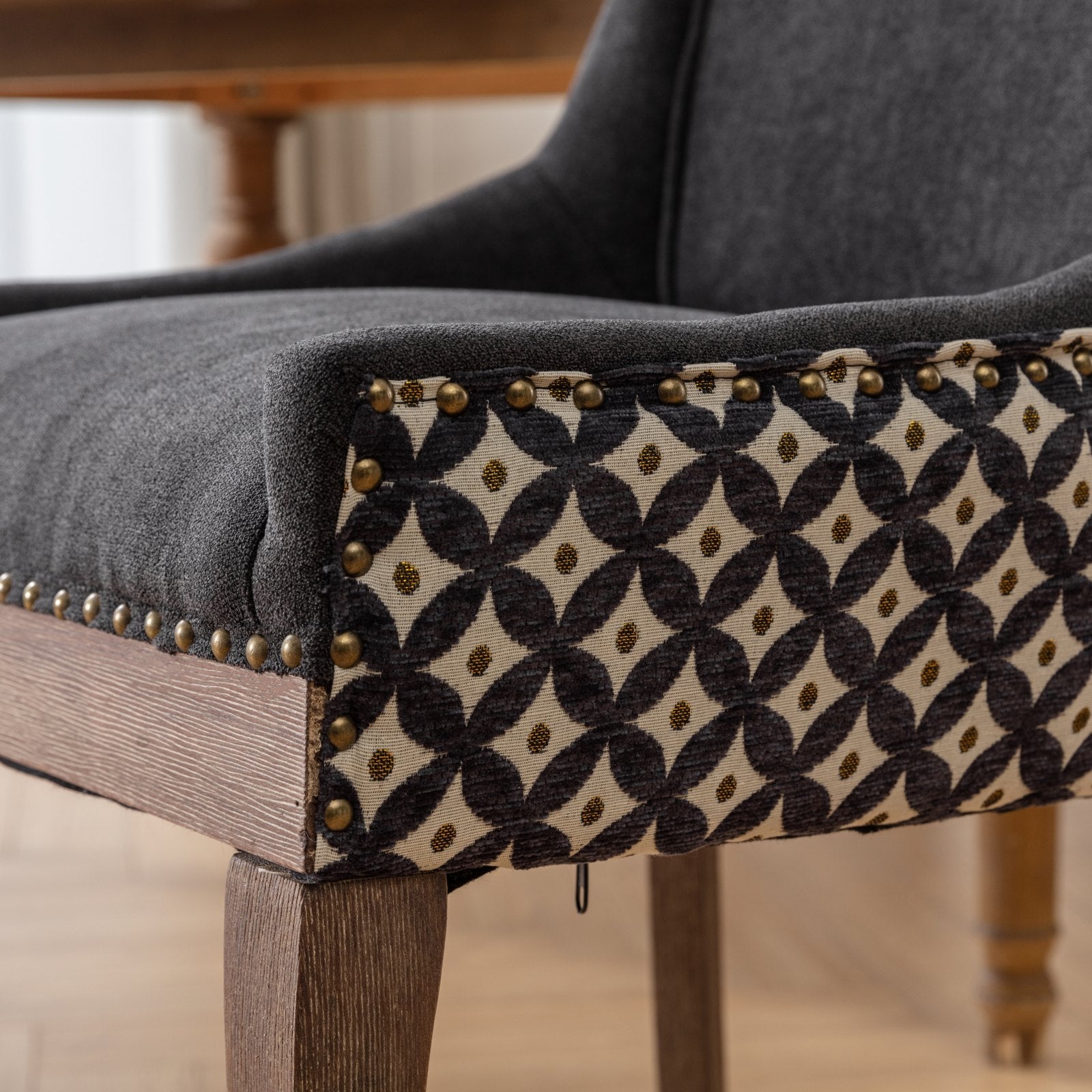Square Patterned Back Upholstered Dining Chair with Bronze Nailhead Trim, Set of 2