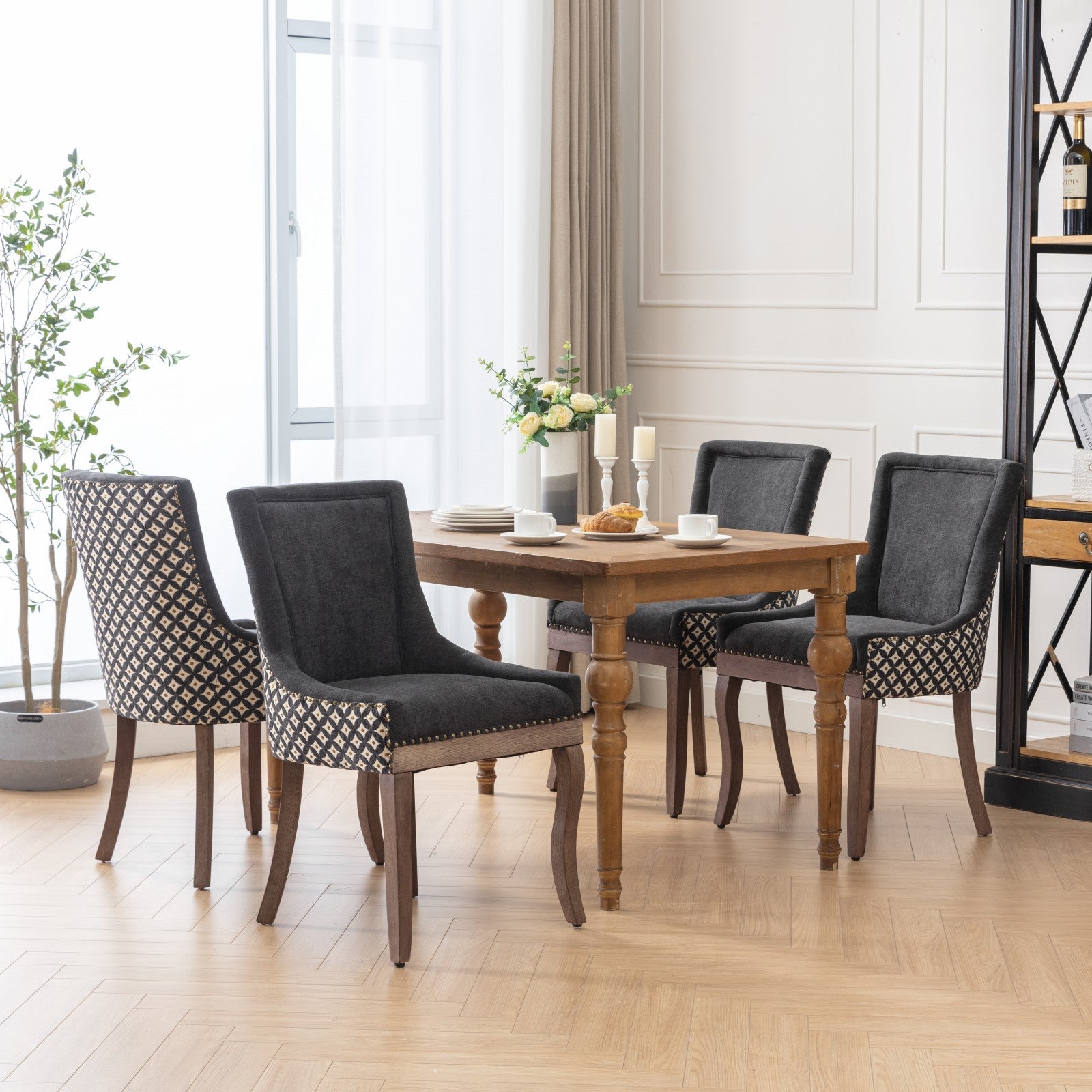 Square Patterned Back Upholstered Dining Chair with Bronze Nailhead Trim, Set of 2