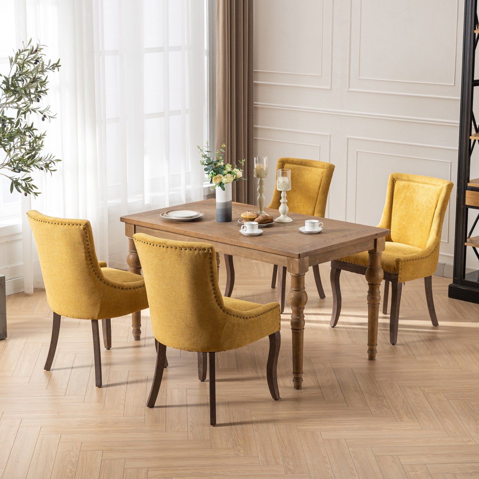 Square Back Upholstered Dining Chair with Bronze Nailhead Trim, Set of 2