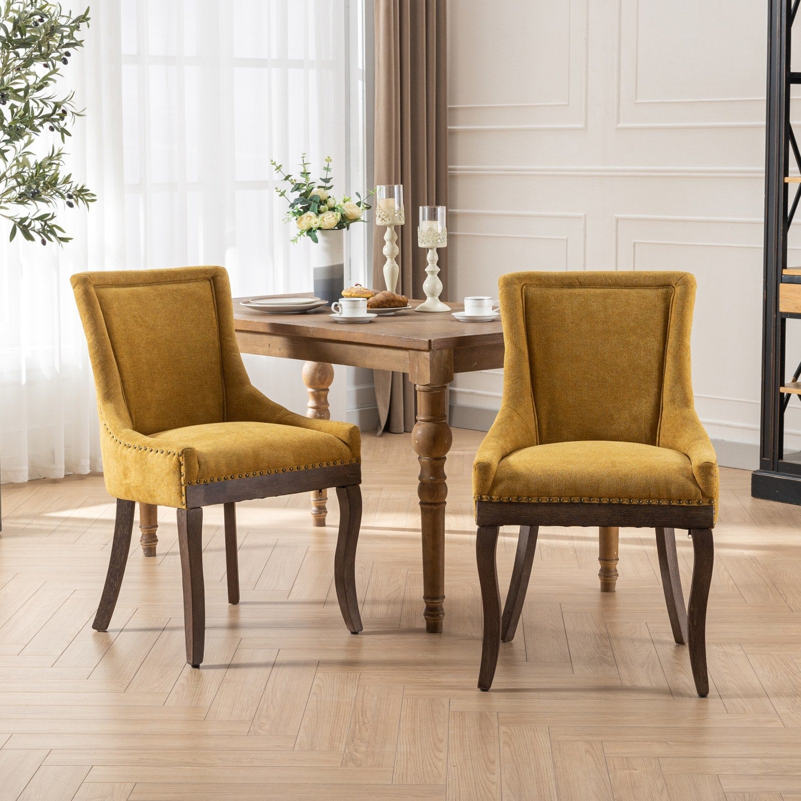 Square Back Upholstered Dining Chair with Bronze Nailhead Trim, Set of 2