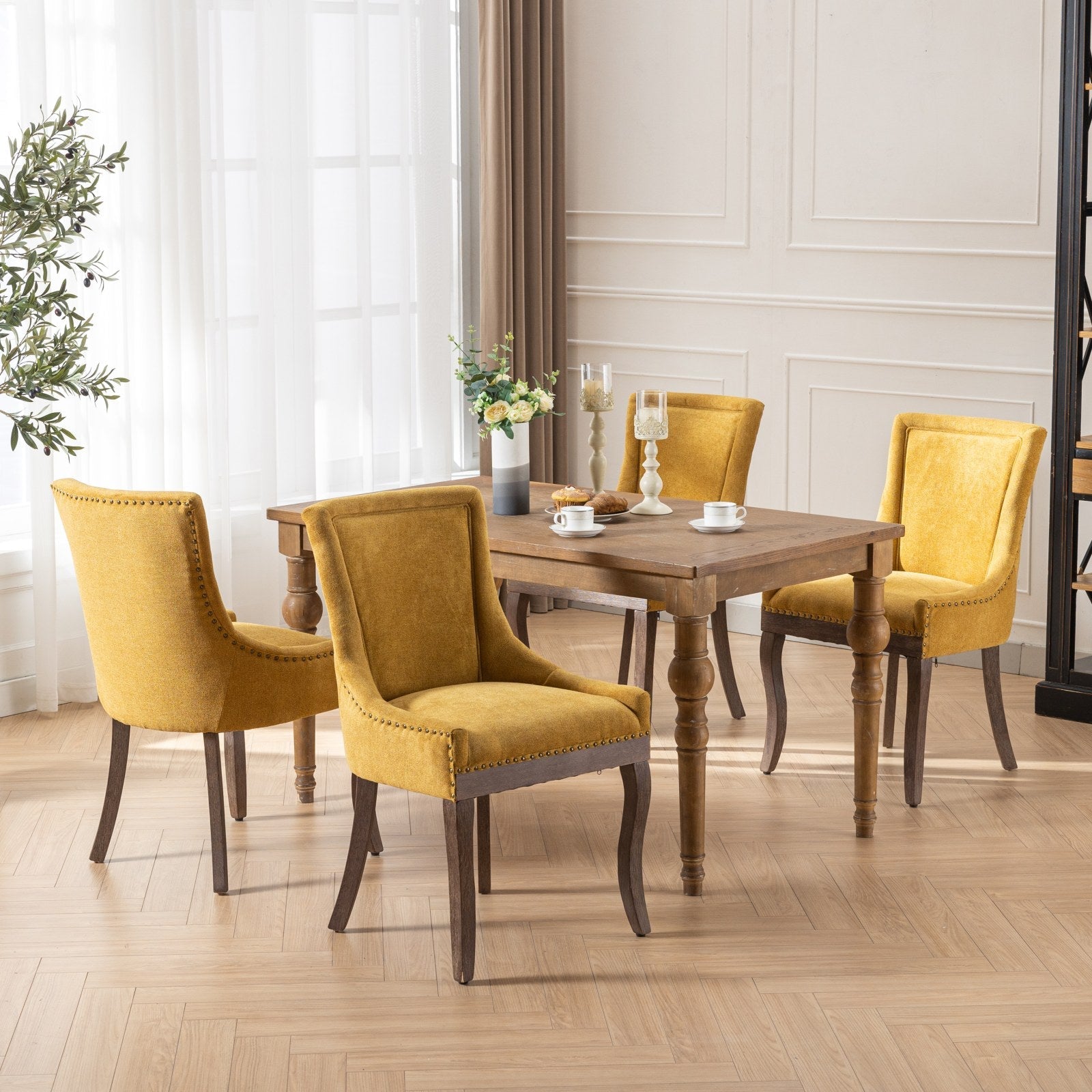 Square Back Upholstered Dining Chair with Bronze Nailhead Trim, Set of 2