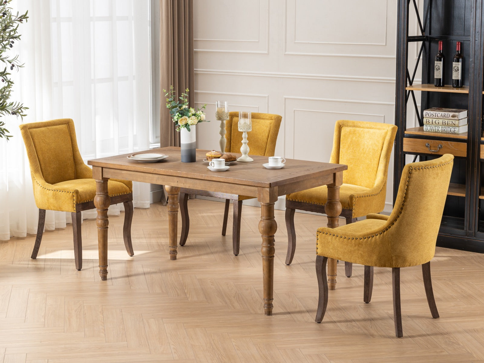 Square Back Upholstered Dining Chair with Bronze Nailhead Trim, Set of 2