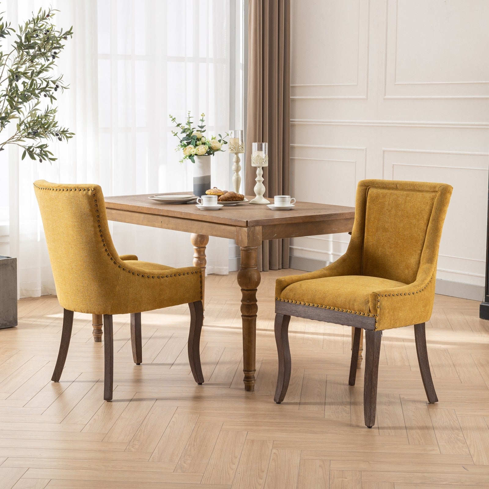 Square Back Upholstered Dining Chair with Bronze Nailhead Trim, Set of 2