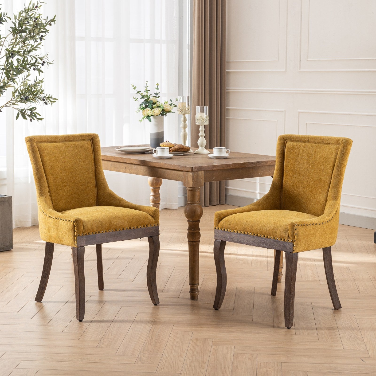 Square Back Upholstered Dining Chair with Bronze Nailhead Trim, Set of 2