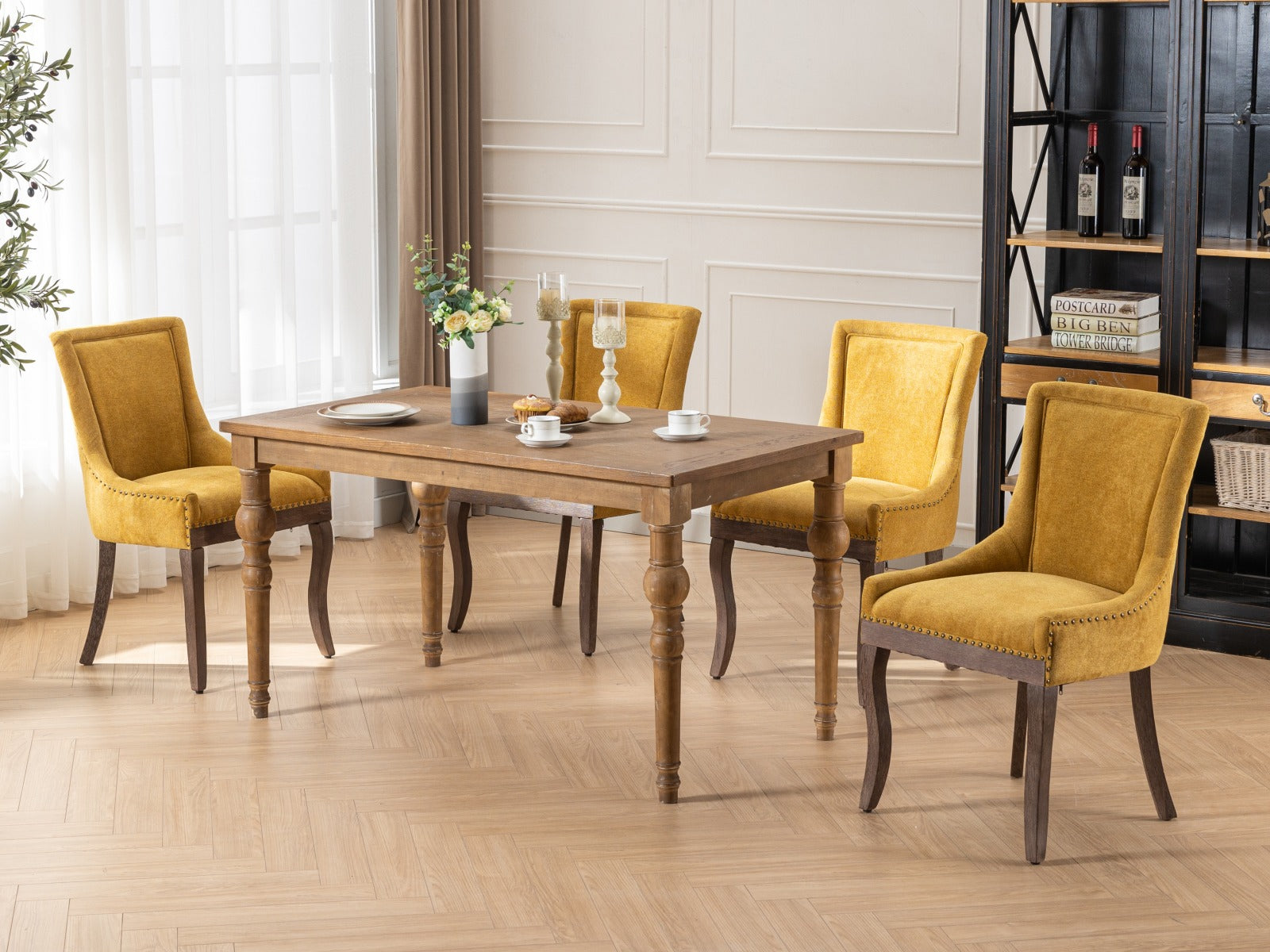 Square Back Upholstered Dining Chair with Bronze Nailhead Trim, Set of 2