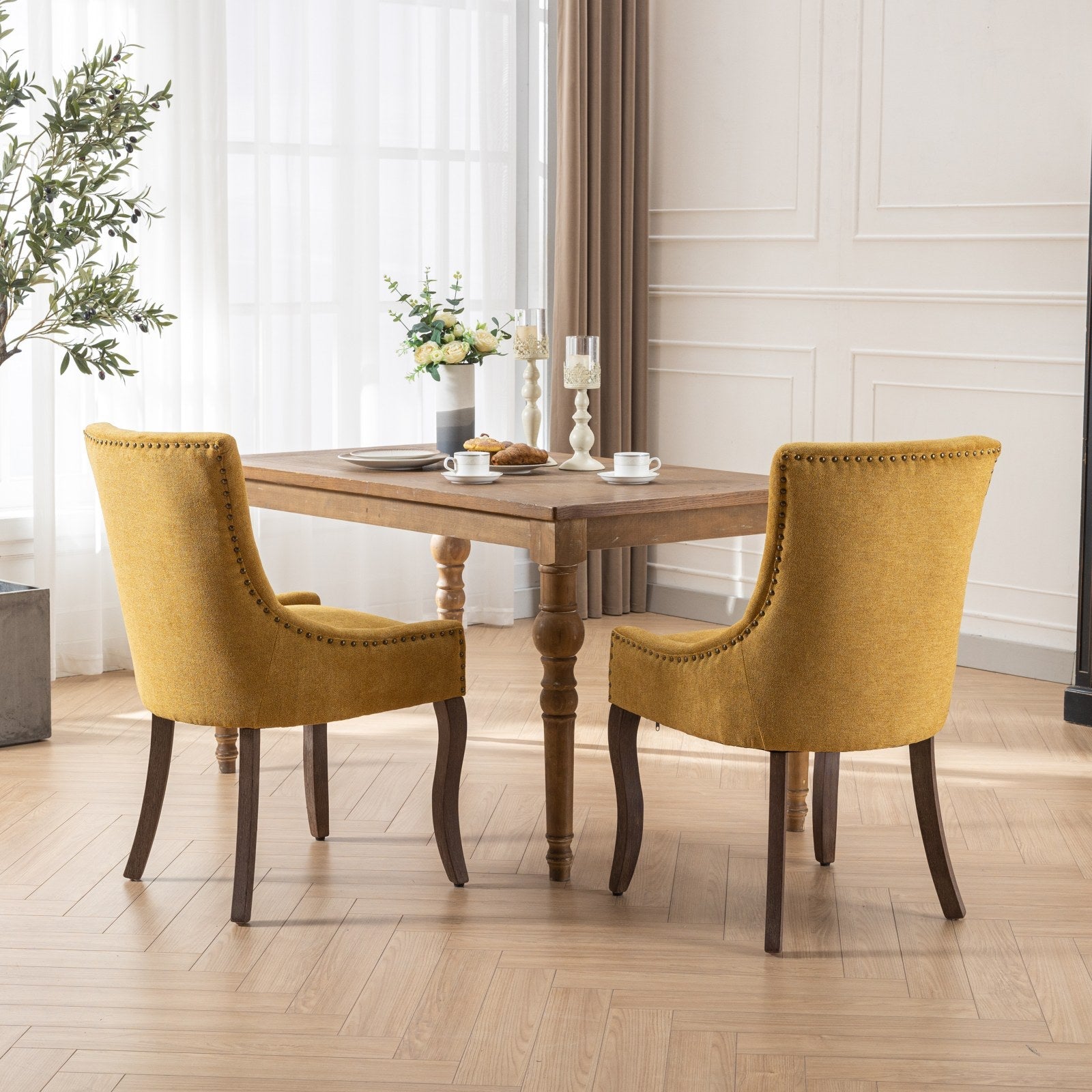 Square Back Upholstered Dining Chair with Bronze Nailhead Trim, Set of 2