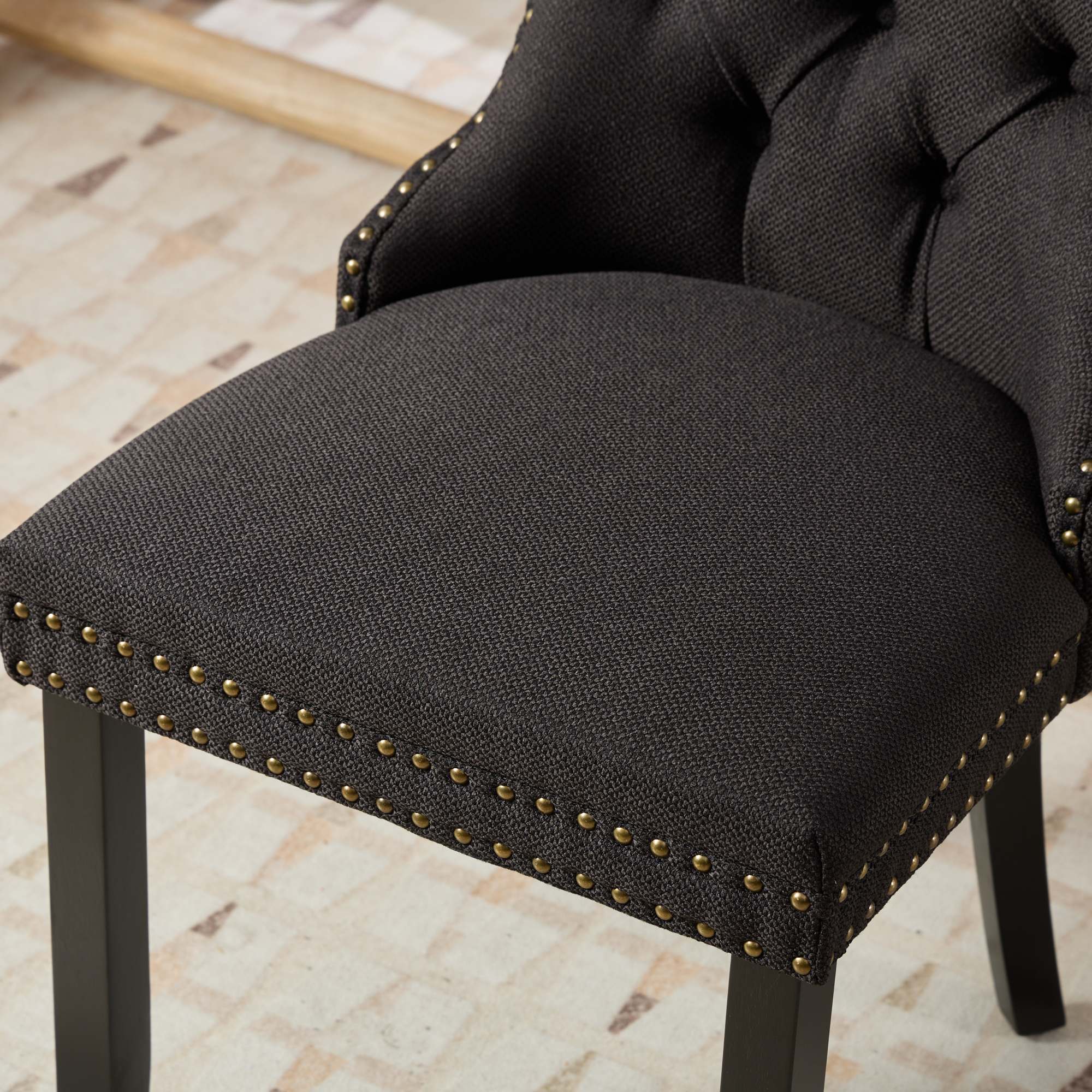 Rosewick Modern Tufted Linen Nailhead Trim Solid Wood Upholstered Dining Chair with Black Legs, Set of 2