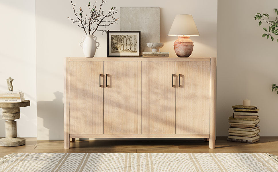 Farmhouse Style 4-Door Cabinet with Natural Distressed Finish