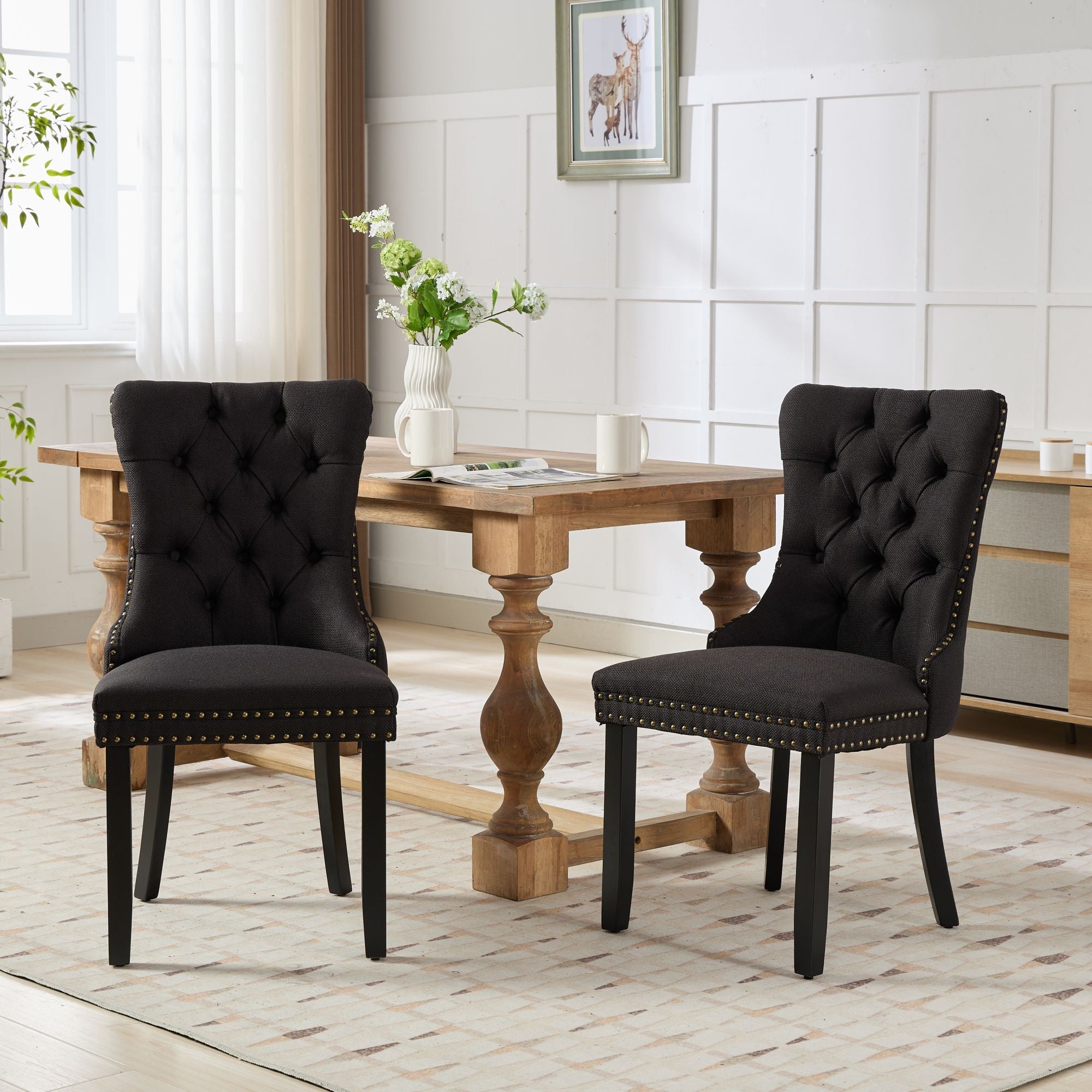 Rosewick Modern Tufted Linen Nailhead Trim Solid Wood Upholstered Dining Chair with Black Legs, Set of 2