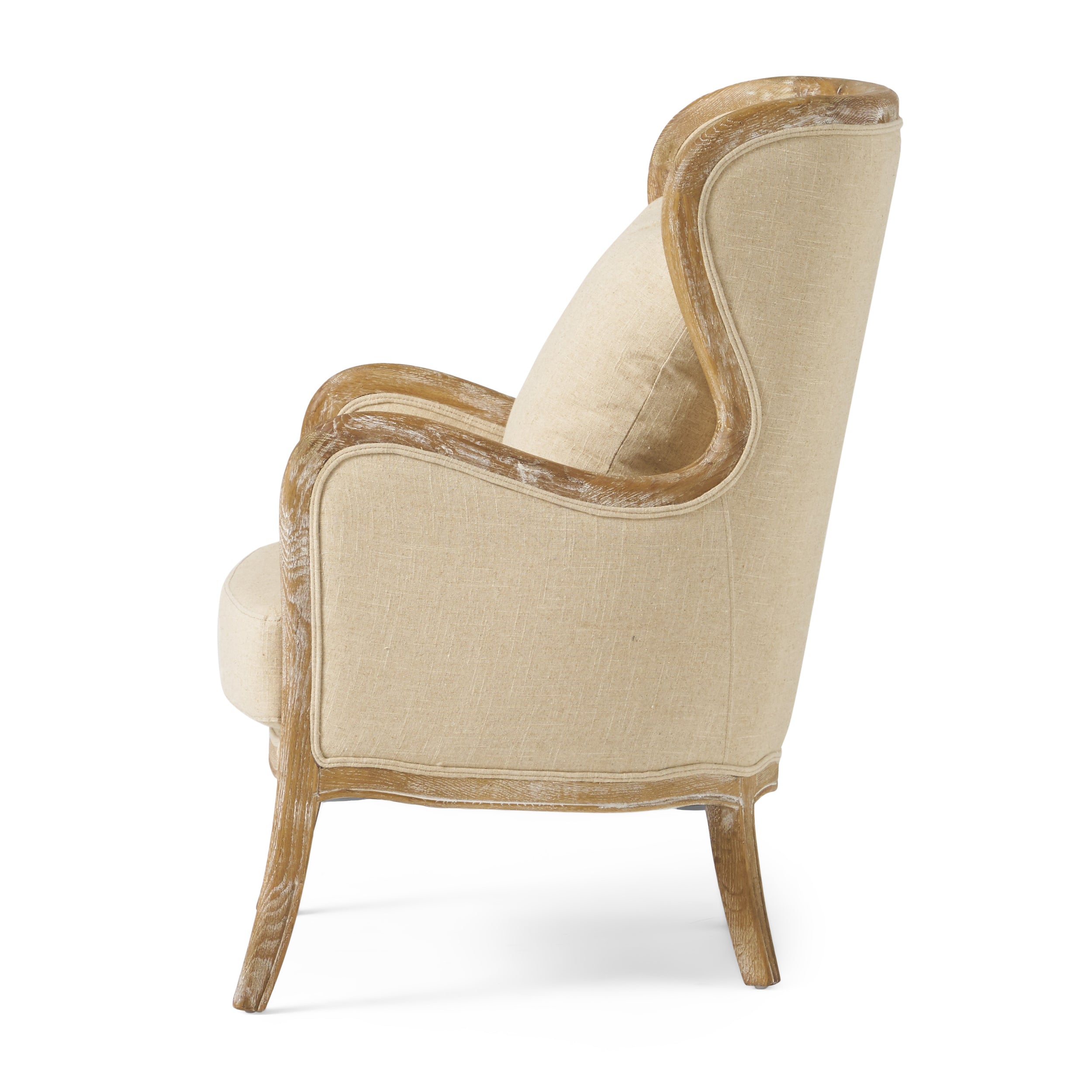 Crenshaw Beige Fabric Wing Arm Chair with Oak Frame and High Back
