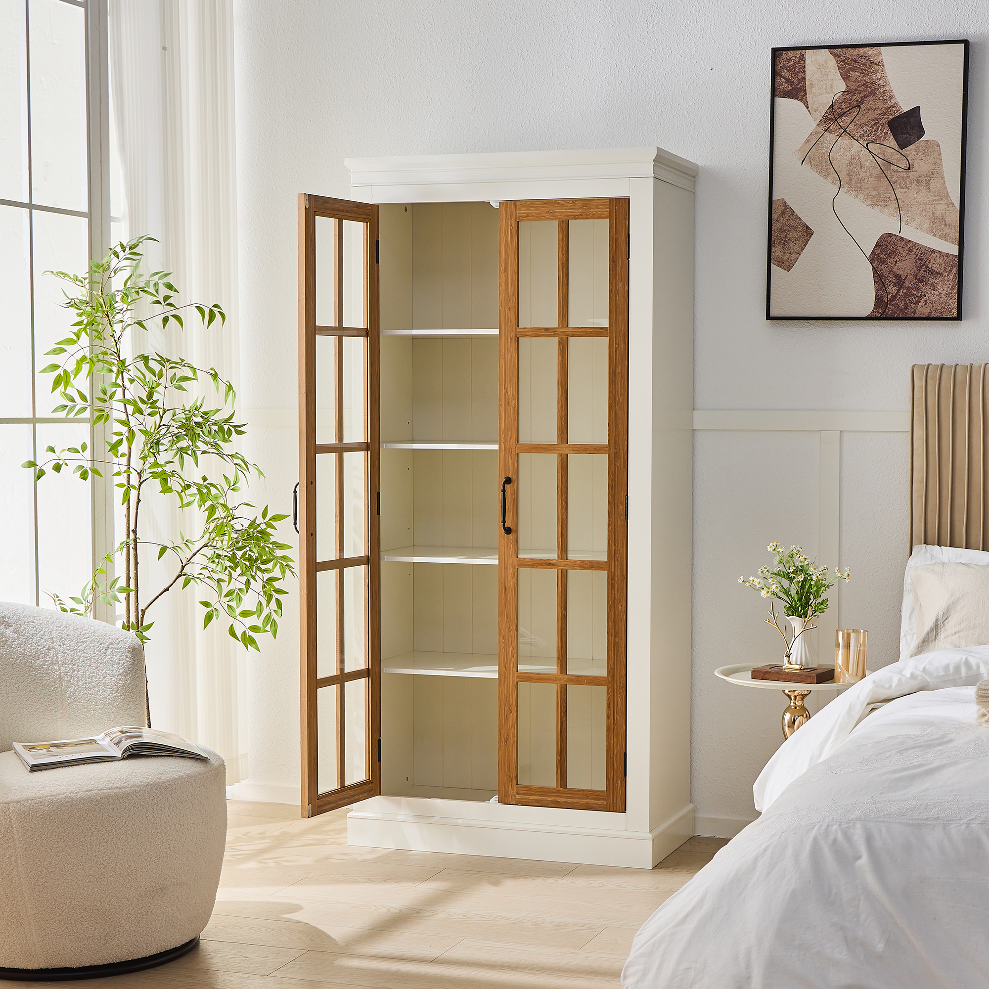 Rustic Style Display Cabinet with Glass Doors