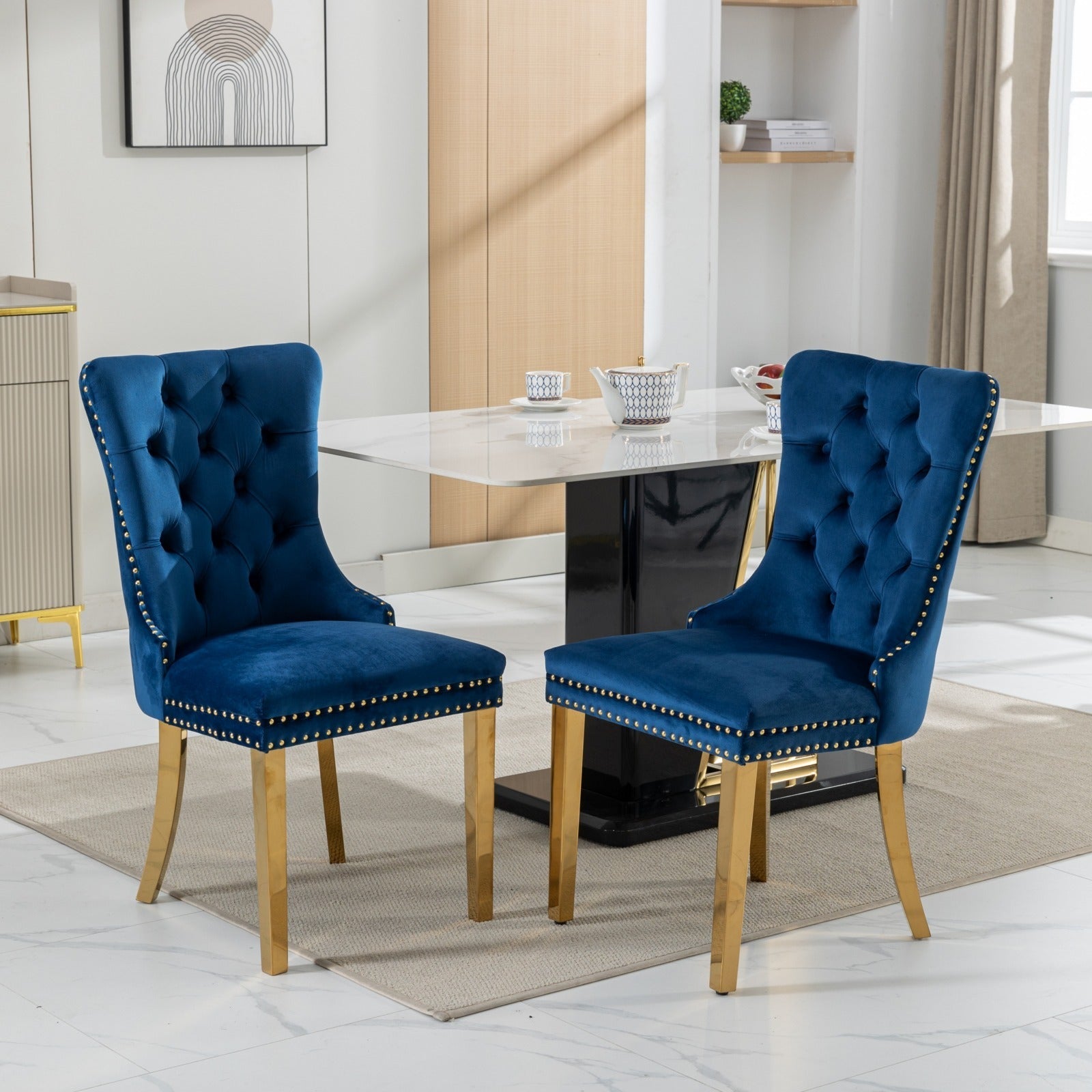 Rosewick Modern Tufted Velvet Solid Wood Upholstered Dining Chair with Gold Stainless Steel Plating Legs, Set of 2