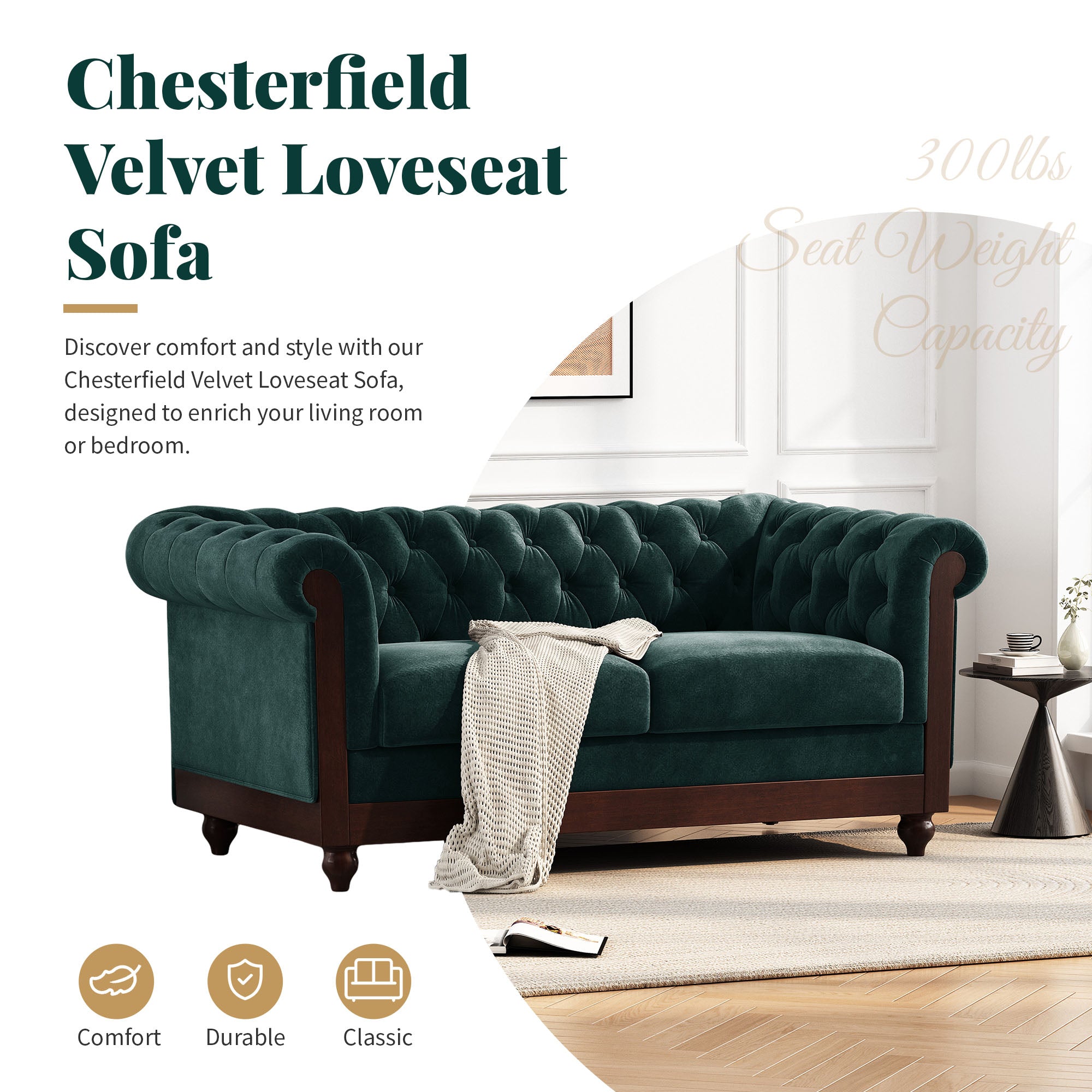Velvet Rolled Arm Chesterfield Loveseat