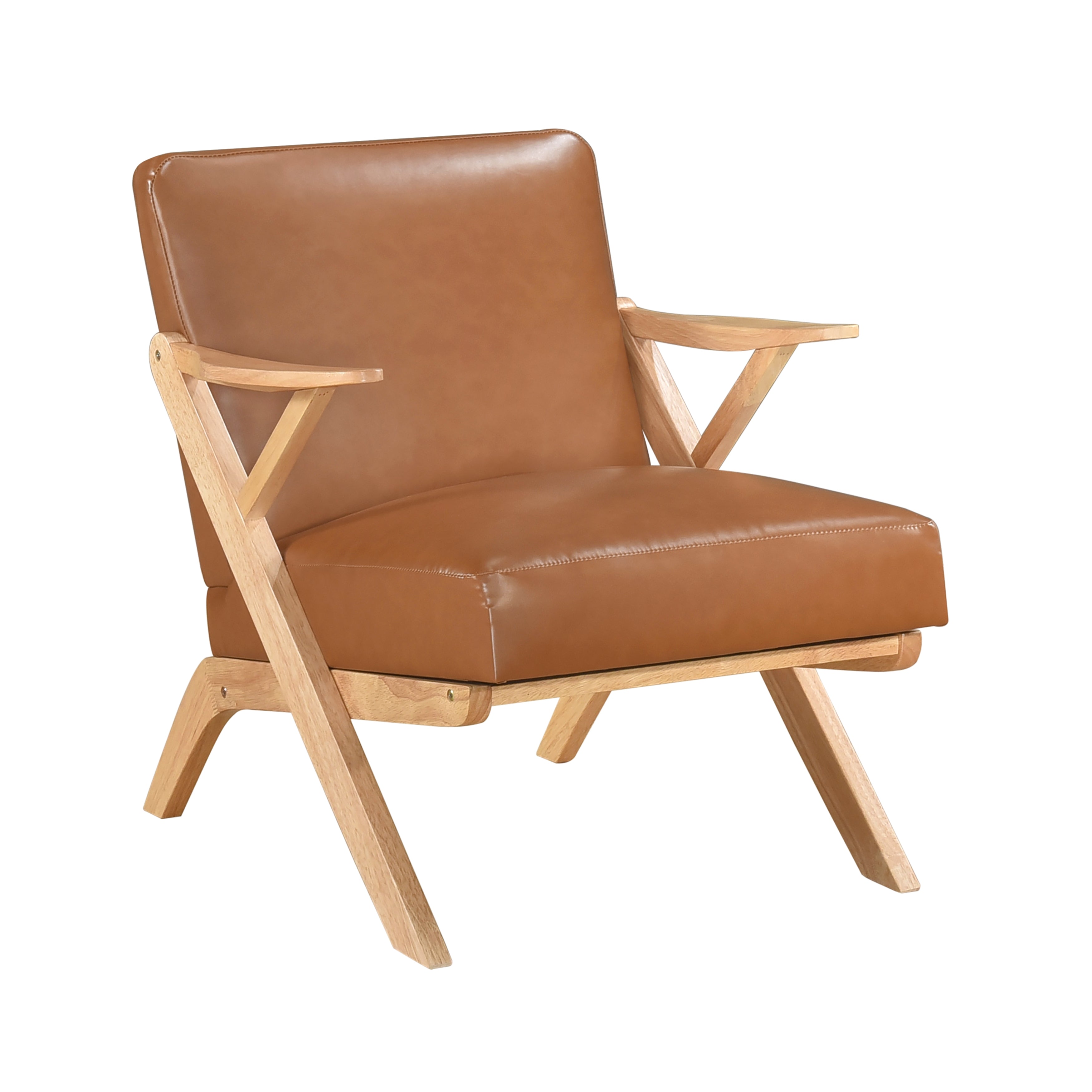 Solid Rubberwood Frame Accent Chair with Brown Faux Leather Upholstery