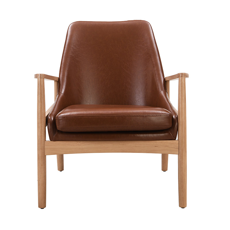 Brown Faux Leather Mid-Century Modern Armchair with Solid Wood Frame, Set of 2