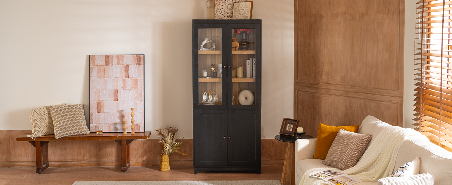 Mid-Century Modern Style Tall Display Cabinet with Glass Doors