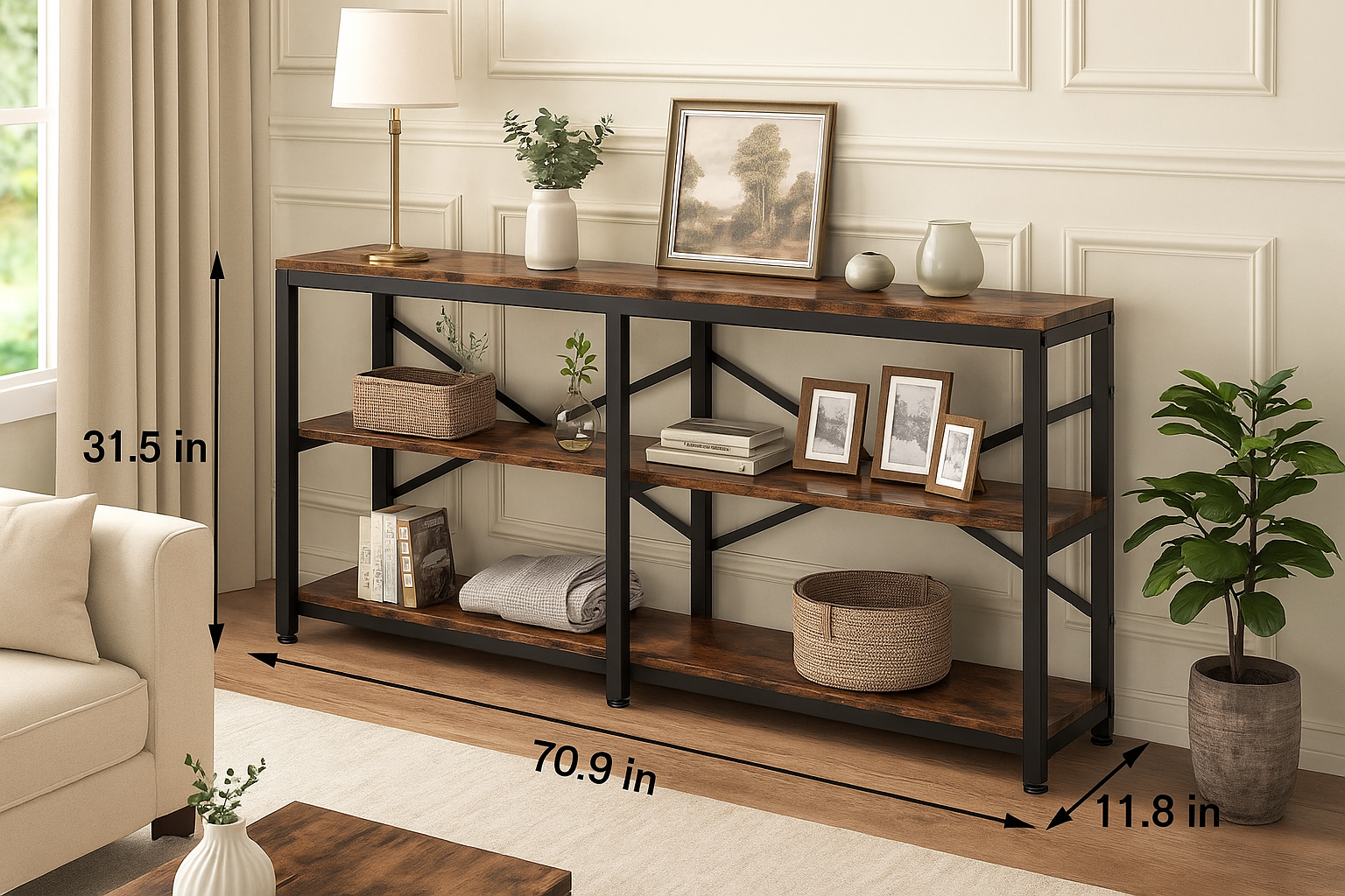 Runford Modern Entryway Table with Metal Frame & X-Back Design
