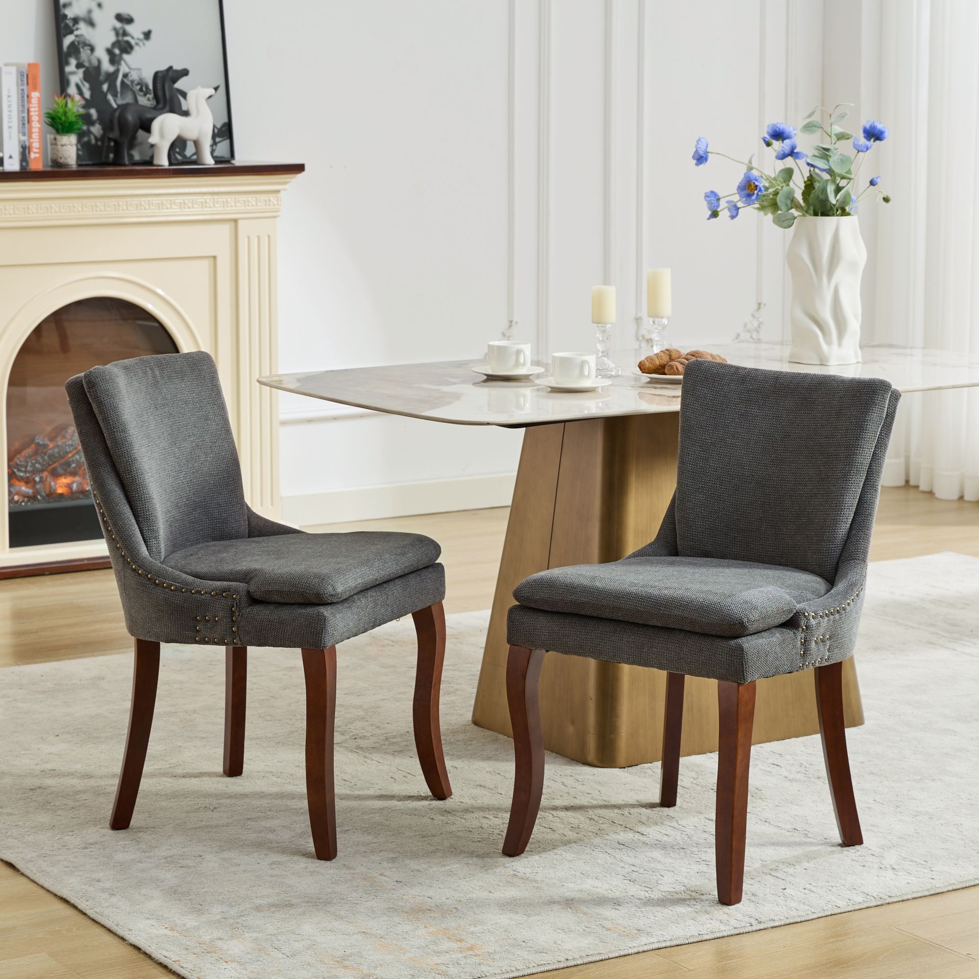 ChenilleUpholstered Dining Chairs with Curved Solid Wood Legs, Set of 2