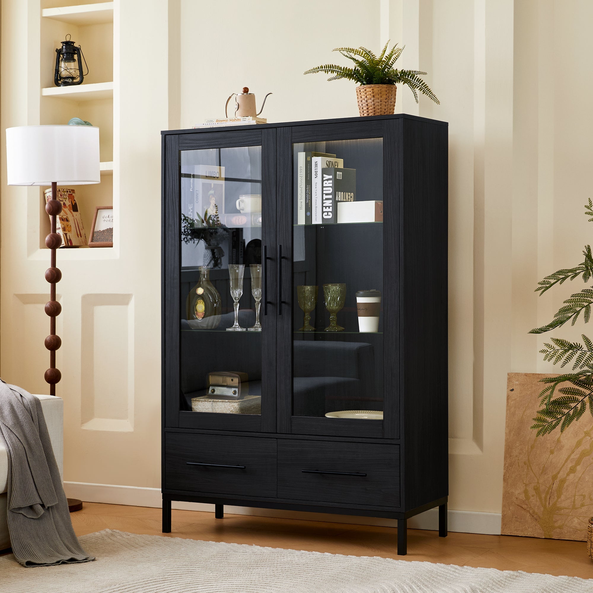 Wide Farmhouse Storage Cabinet with 4-Tier Adjustable Glass Shelves