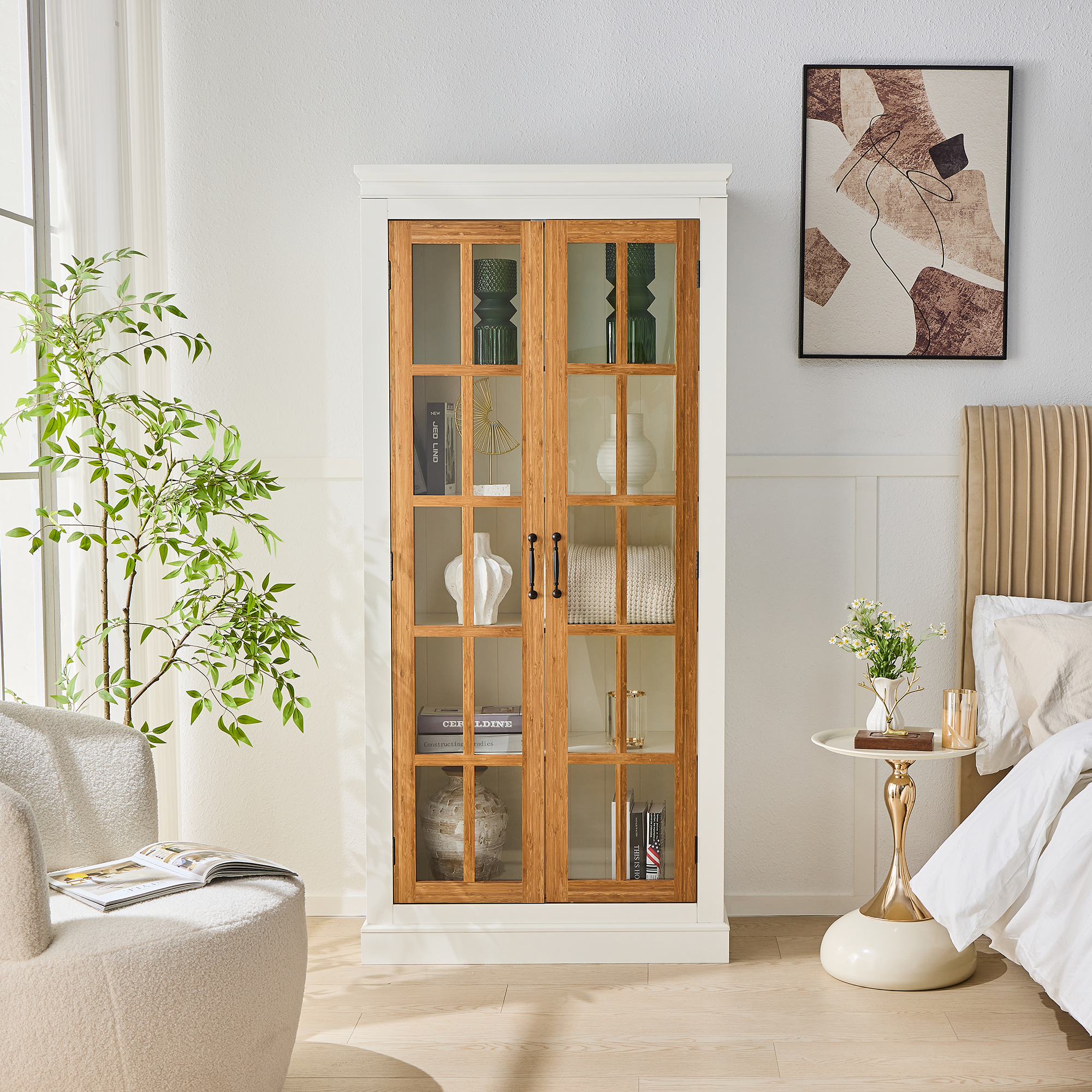 Rustic Style Display Cabinet with Glass Doors