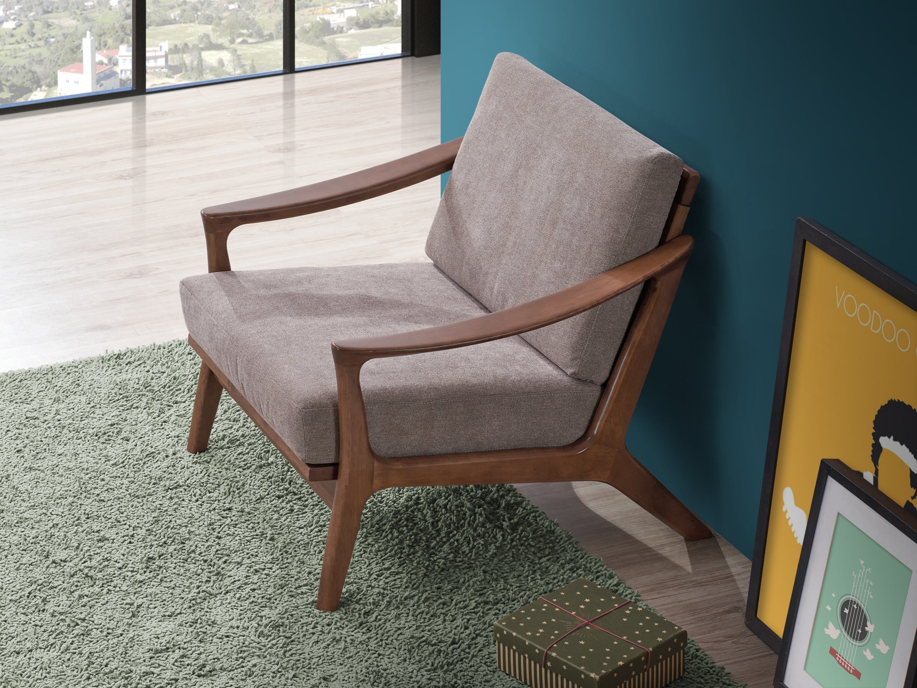Lide Light Brown Fabric & Brown Finish Accent Chair