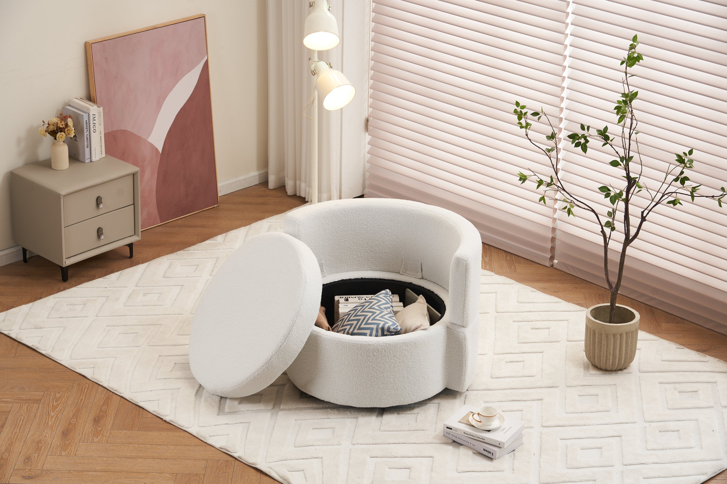 Teddy Fabric Swivel And Storage Chair With Back Cushion