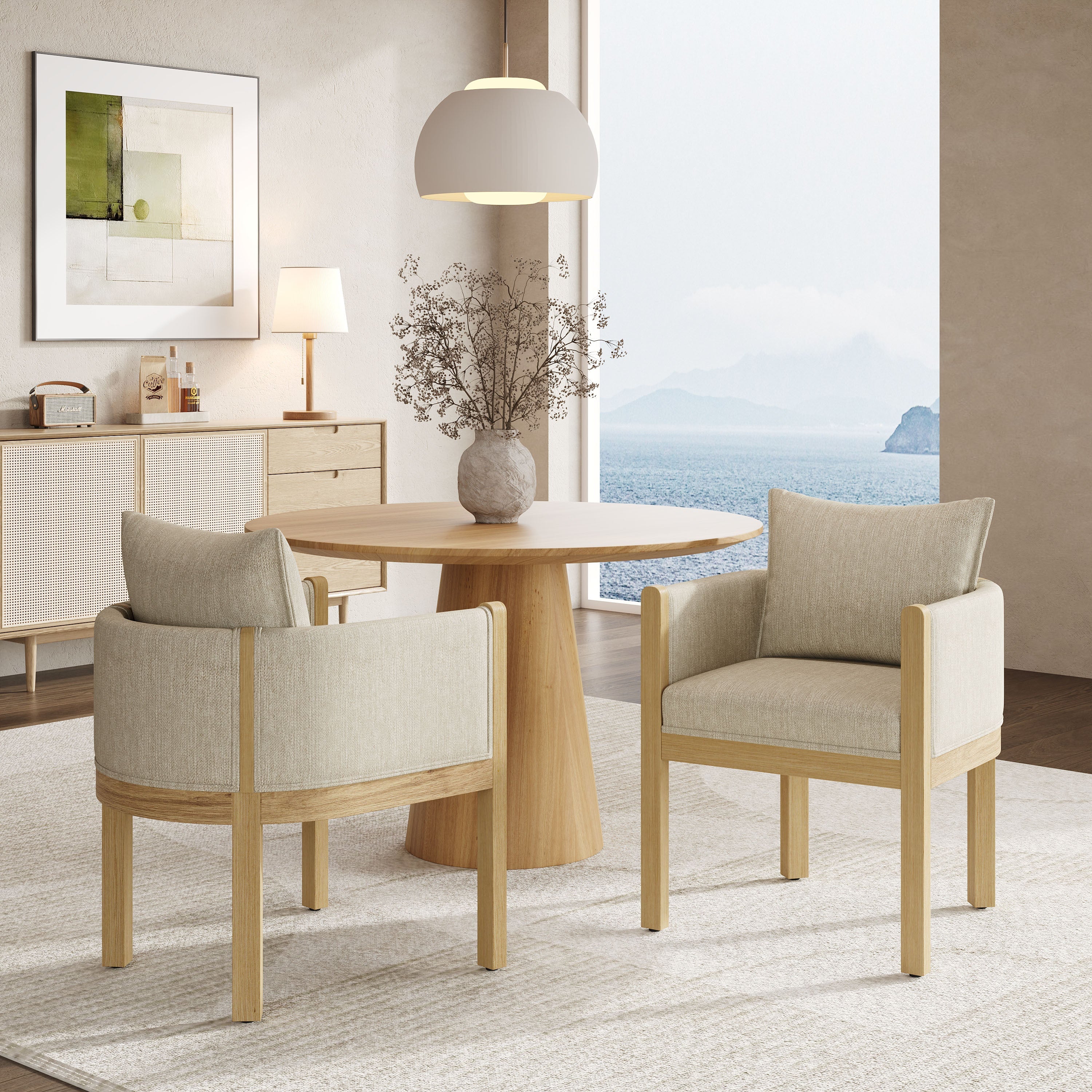Ainsford Linen Upholstered Armchair with Natural Rubber Wood Legs, Set of 2