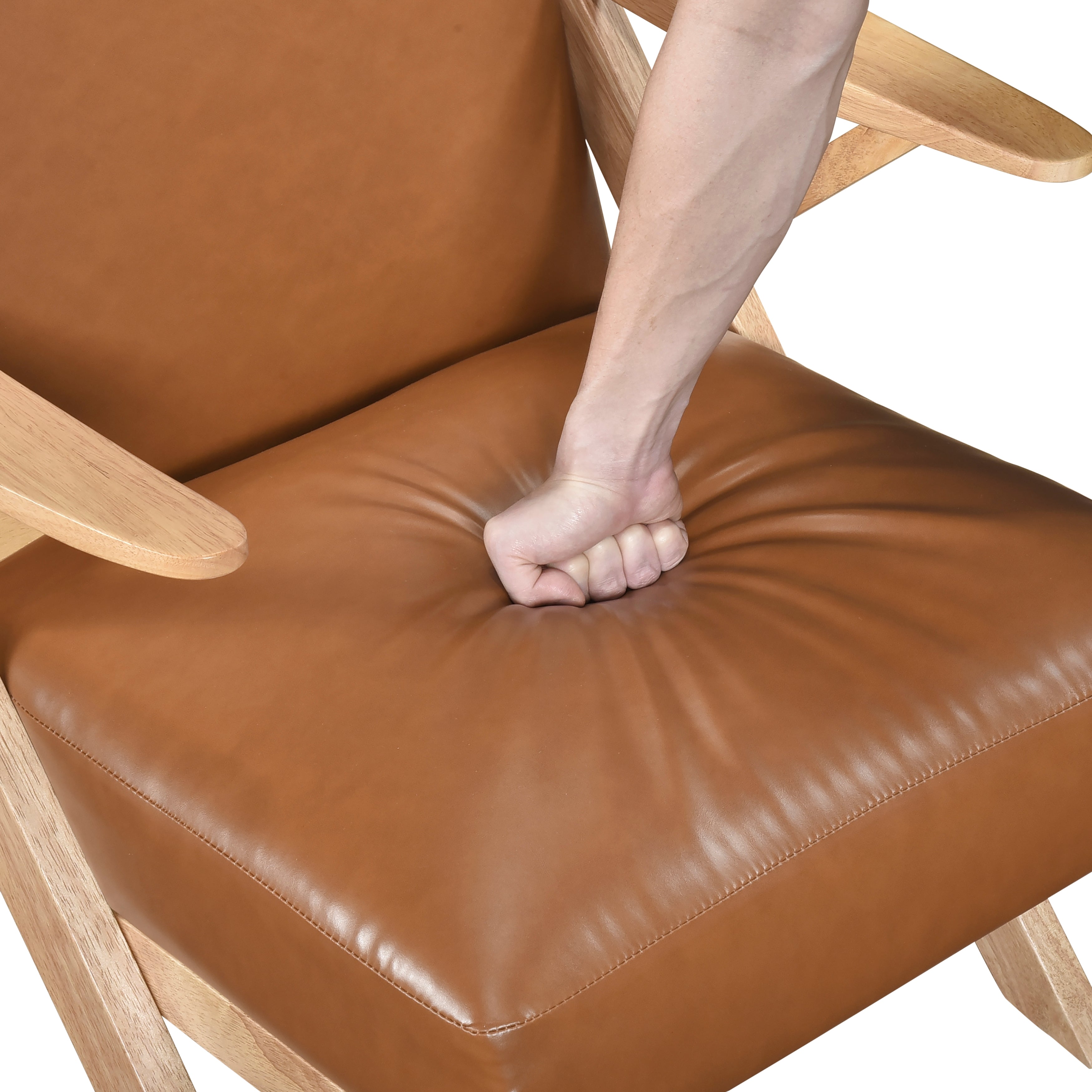 Solid Rubberwood Frame Accent Chair with Brown Faux Leather Upholstery