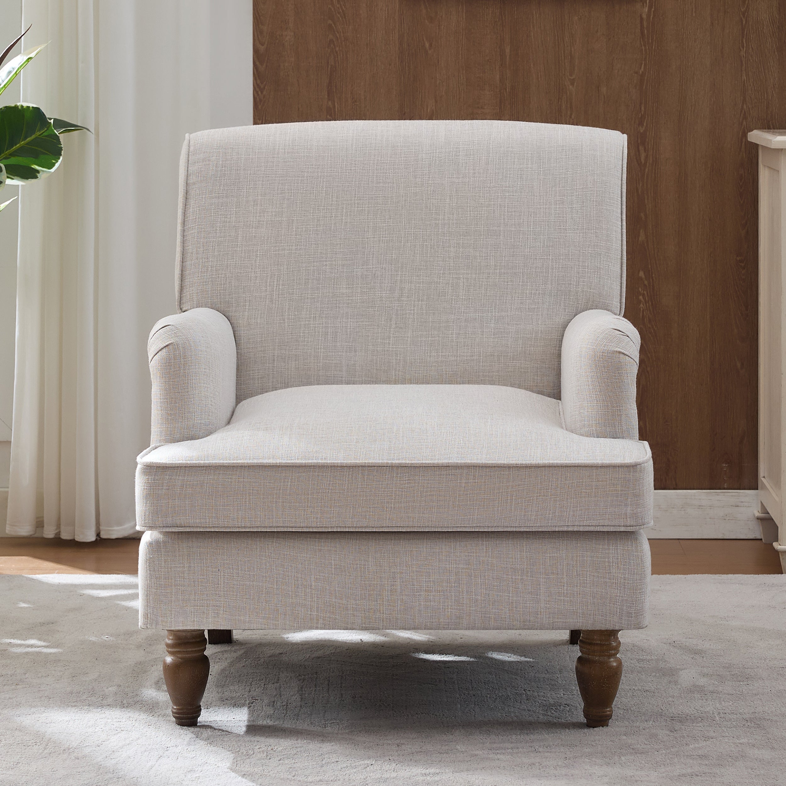 Benton Upholstered Linen Fabric Armchair with Antique Solid Wood Legs
