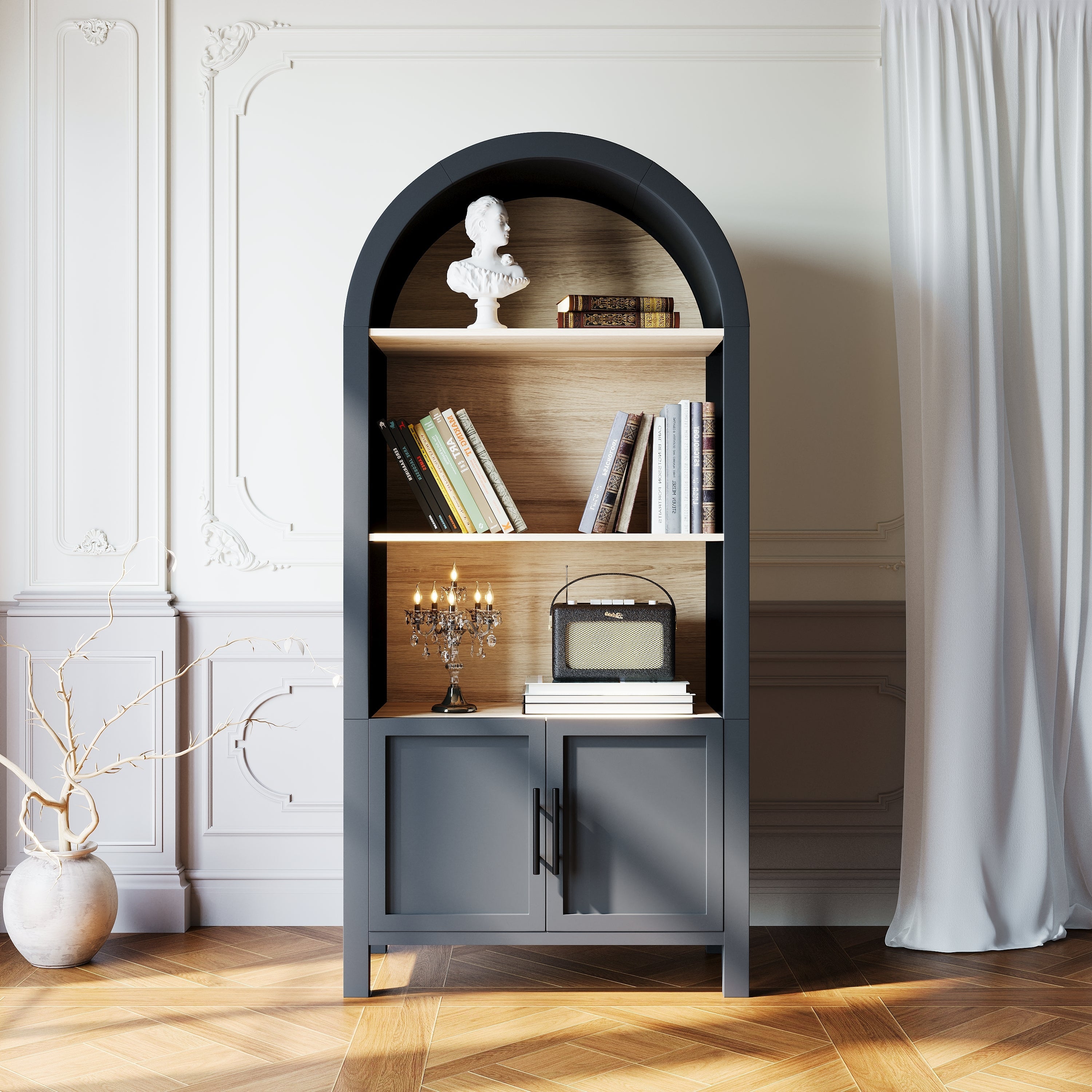 Grantham Arched 3-Tier Bookcase Cabinet with Door