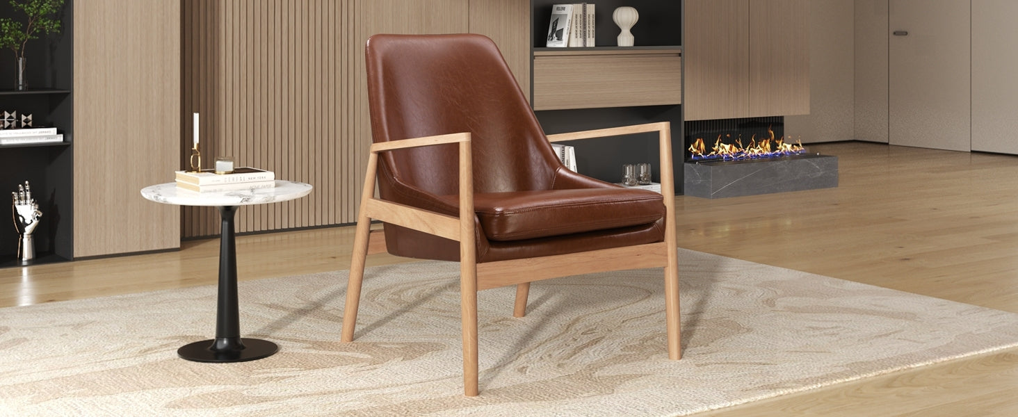 Faux Leather Mid-Century Modern Armchair with Solid Wood Frame