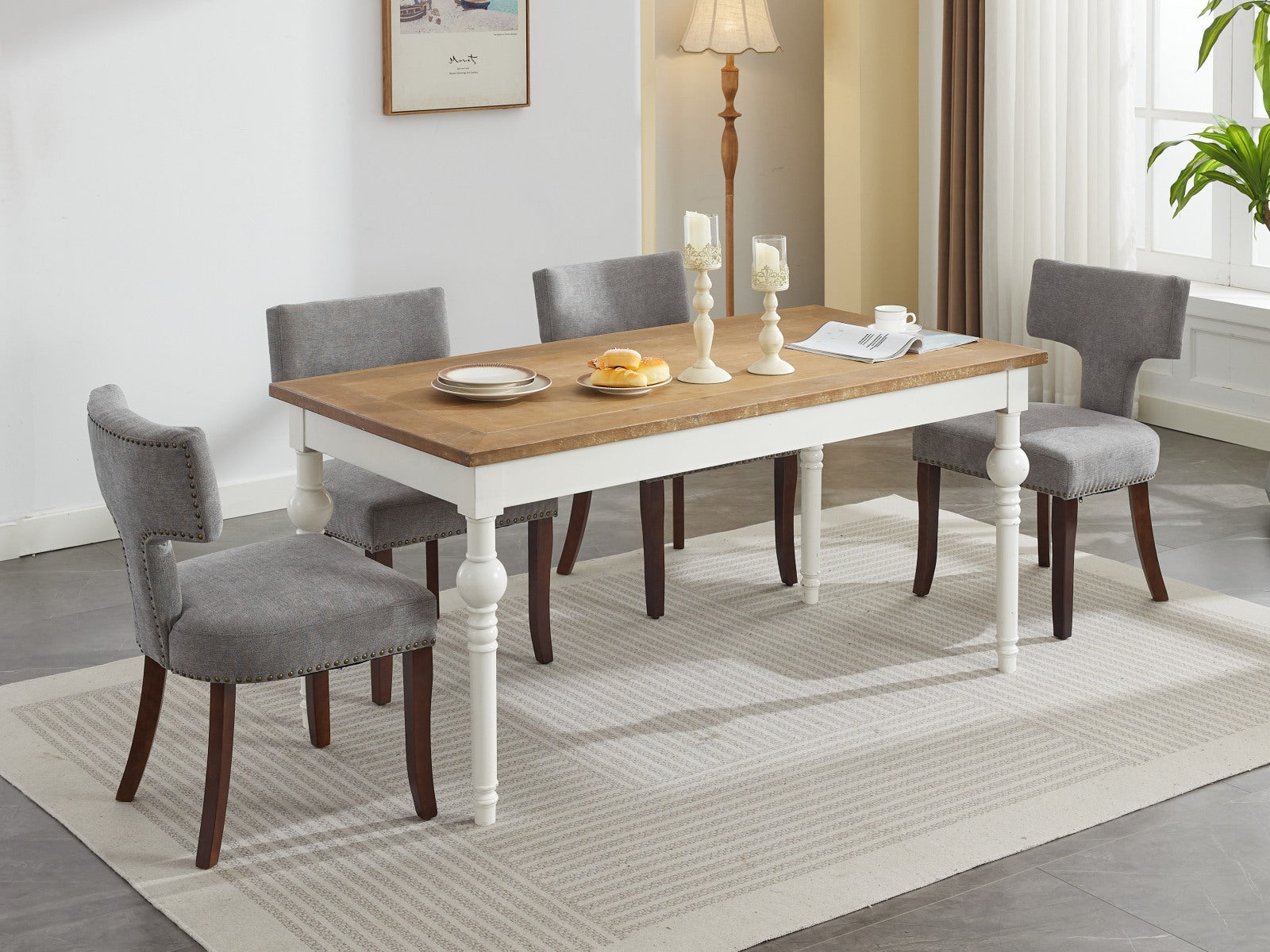 Mid Century Modern T-Back Dining Chairs with Nailhead Trim, Set of 2